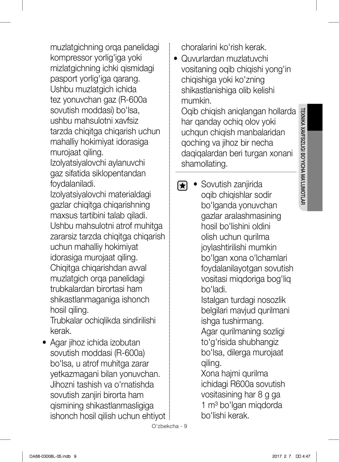 Samsung RR35H6150SS/WT, RR35H61507F/WT manual Trubkalar ochiqlikda sindirilishi kerak, ³ bolgan miqdorda bolishi kerak 