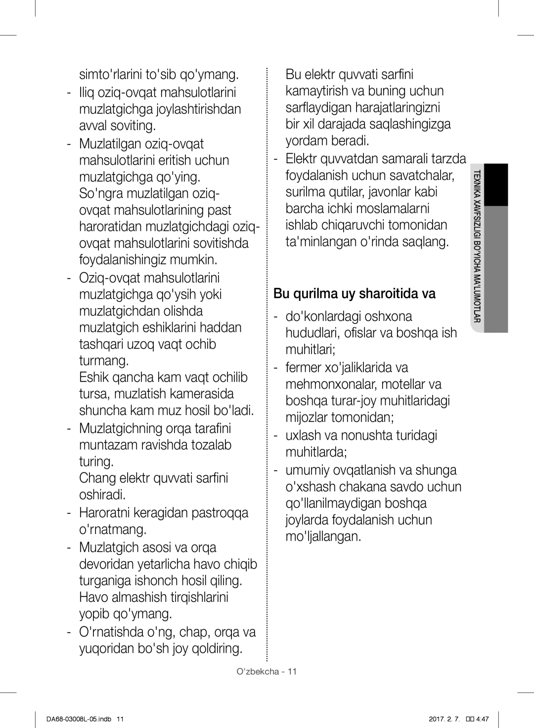 Samsung RR35H6150SS/WT, RR35H61507F/WT manual Simtorlarini tosib qoymang, Uxlash va nonushta turidagi muhitlarda 