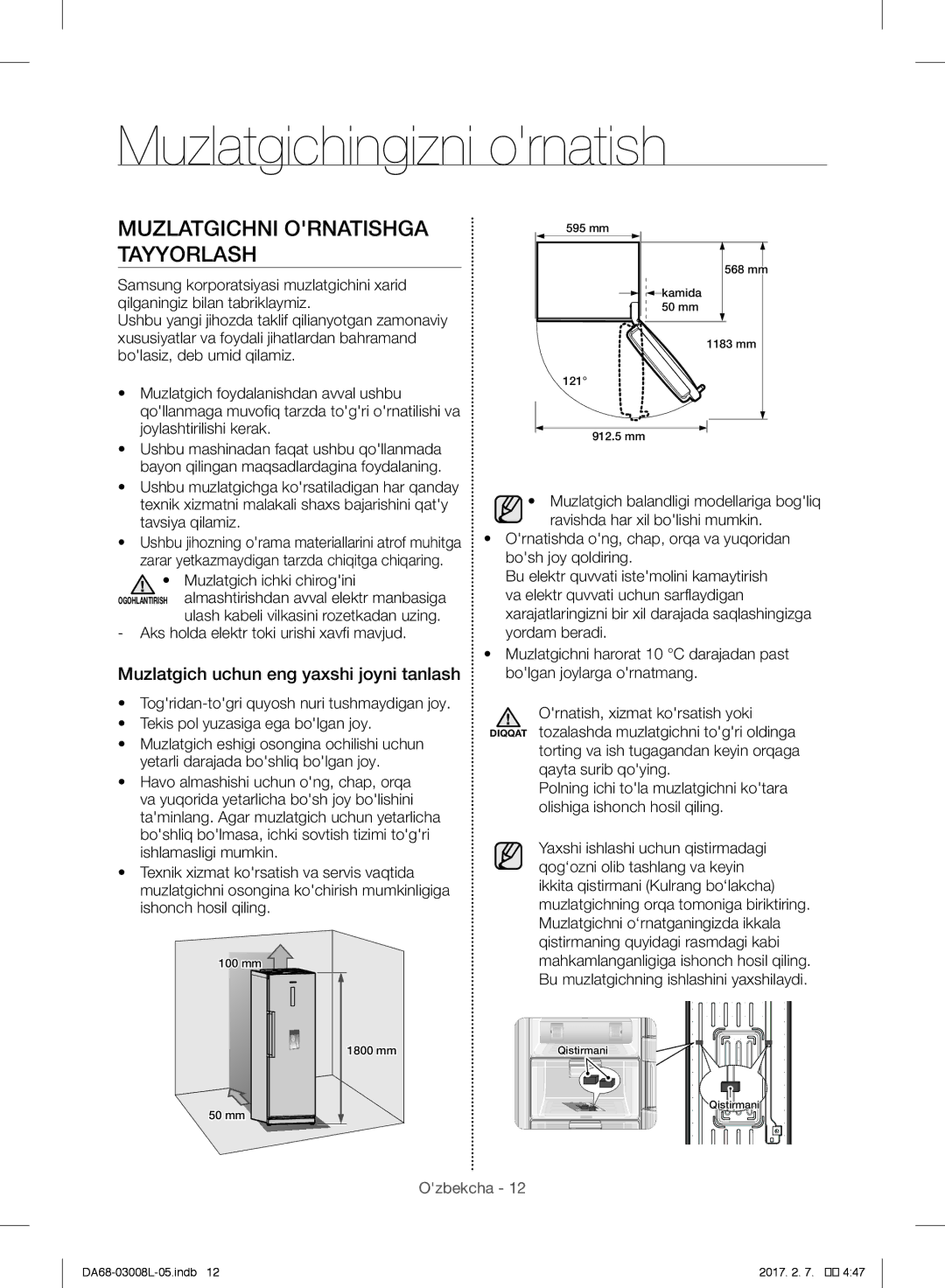 Samsung RR35H61507F/WT manual Muzlatgichingizni ornatish, Muzlatgichni Ornatishga Tayyorlash, Muzlatgich ichki chirogini 