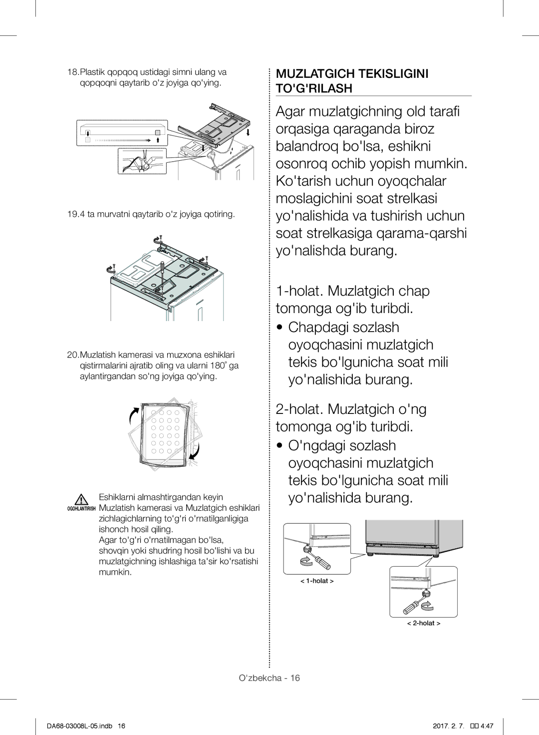 Samsung RR35H61507F/WT, RR35H6150SS/WT manual Muzlatgich Tekisligini Togrilash, Ta murvatni qaytarib oz joyiga qotiring 