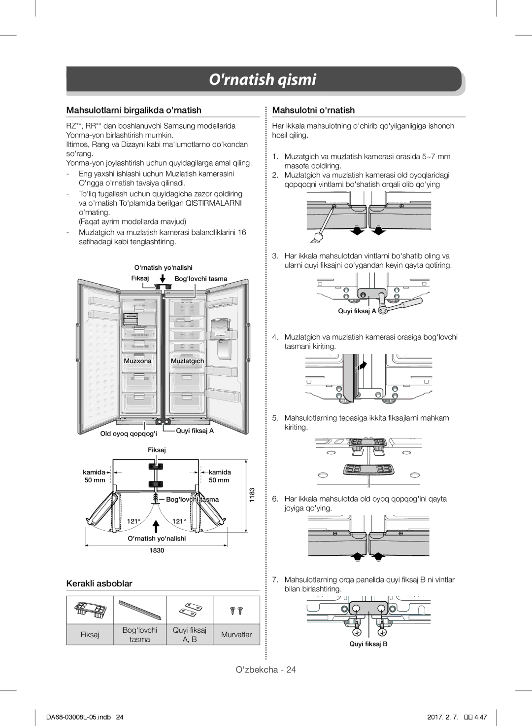 Samsung RR35H61507F/WT, RR35H6150SS/WT manual Mahsulotlarni birgalikda ornatish, Mahsulotni ornatish, Kerakli asboblar 