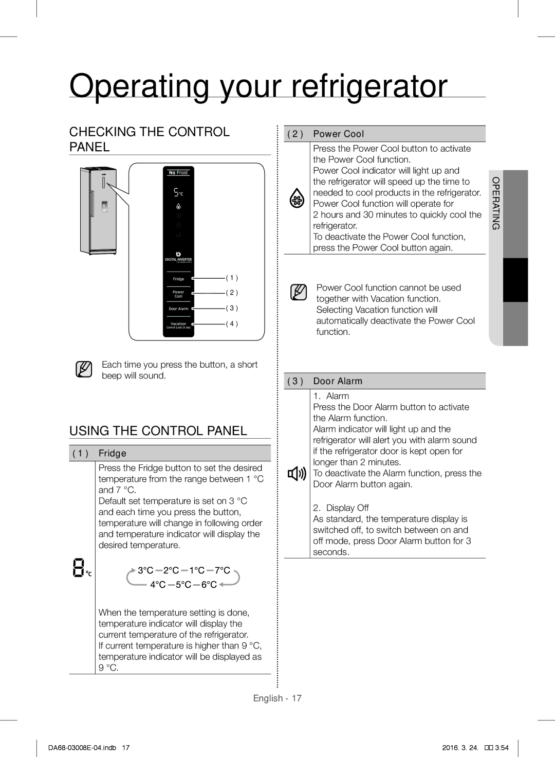 Samsung RR35H61657F/EF, RR35H6165SS/EF Operating your refrigerator, Checking the Control Panel, Using the Control Panel 