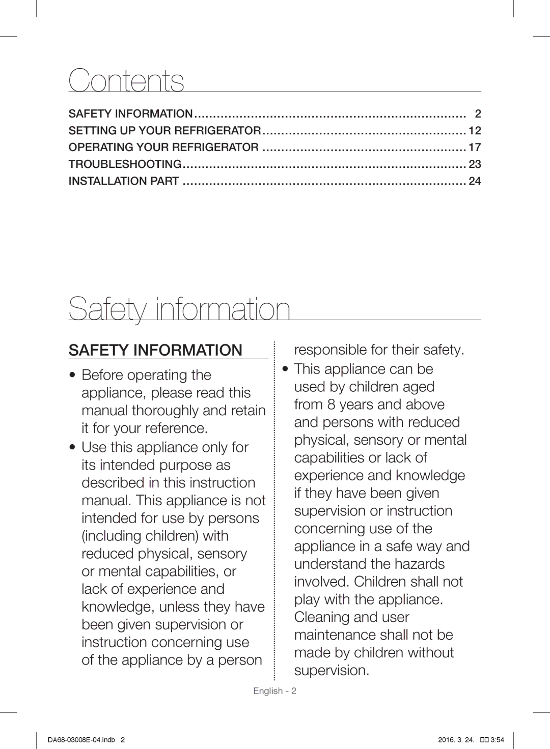 Samsung RR35H6000SA/EF, RR35H6165SS/EF, RR35H61657F/EF, RR35H6165SS/ES, RR35H6005WW/ES manual Contents, Safety information 