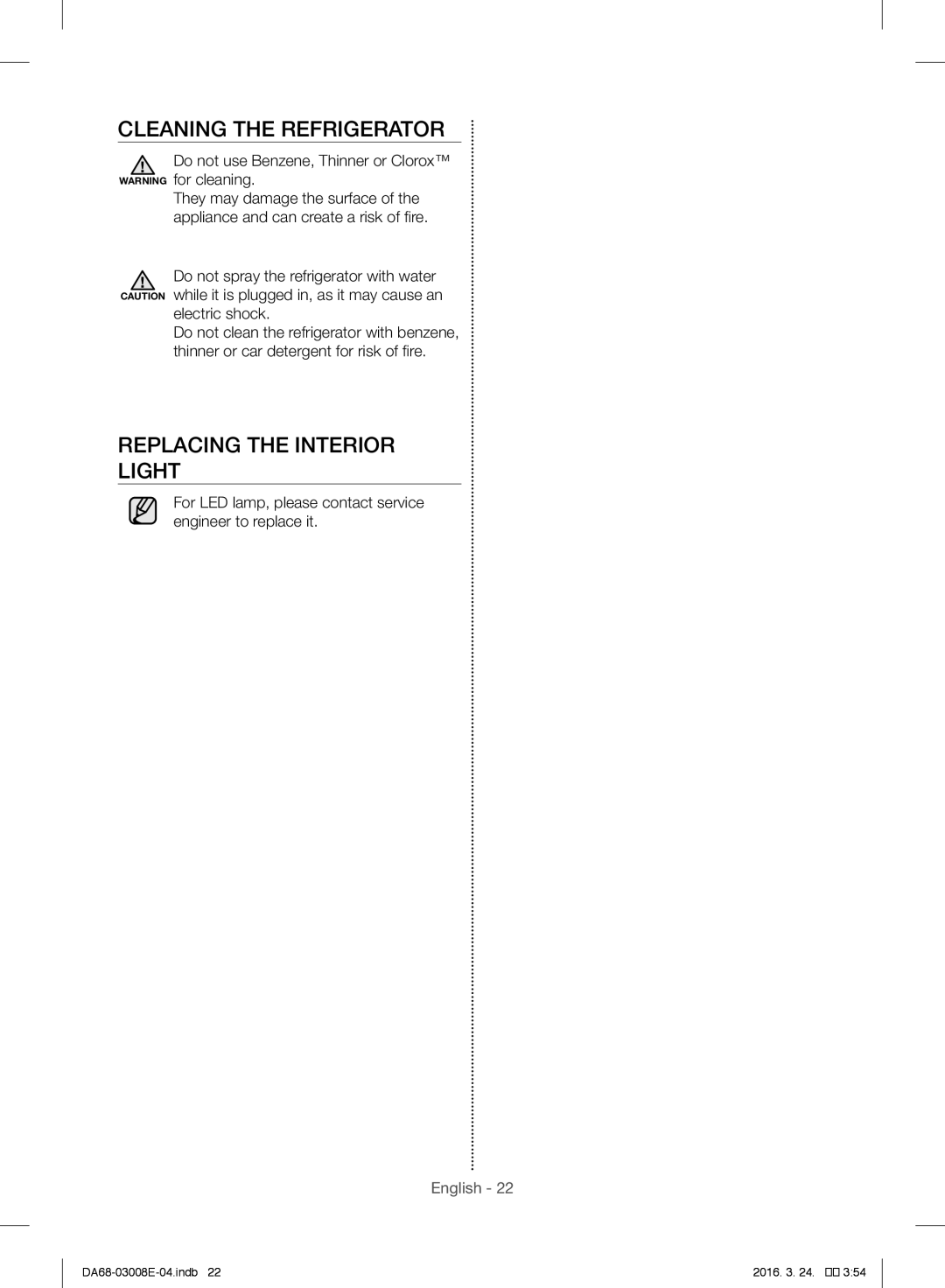 Samsung RR35H6010SS/ES, RR35H6165SS/EF, RR35H61657F/EF manual Cleaning the Refrigerator, Replacing the Interior Light 