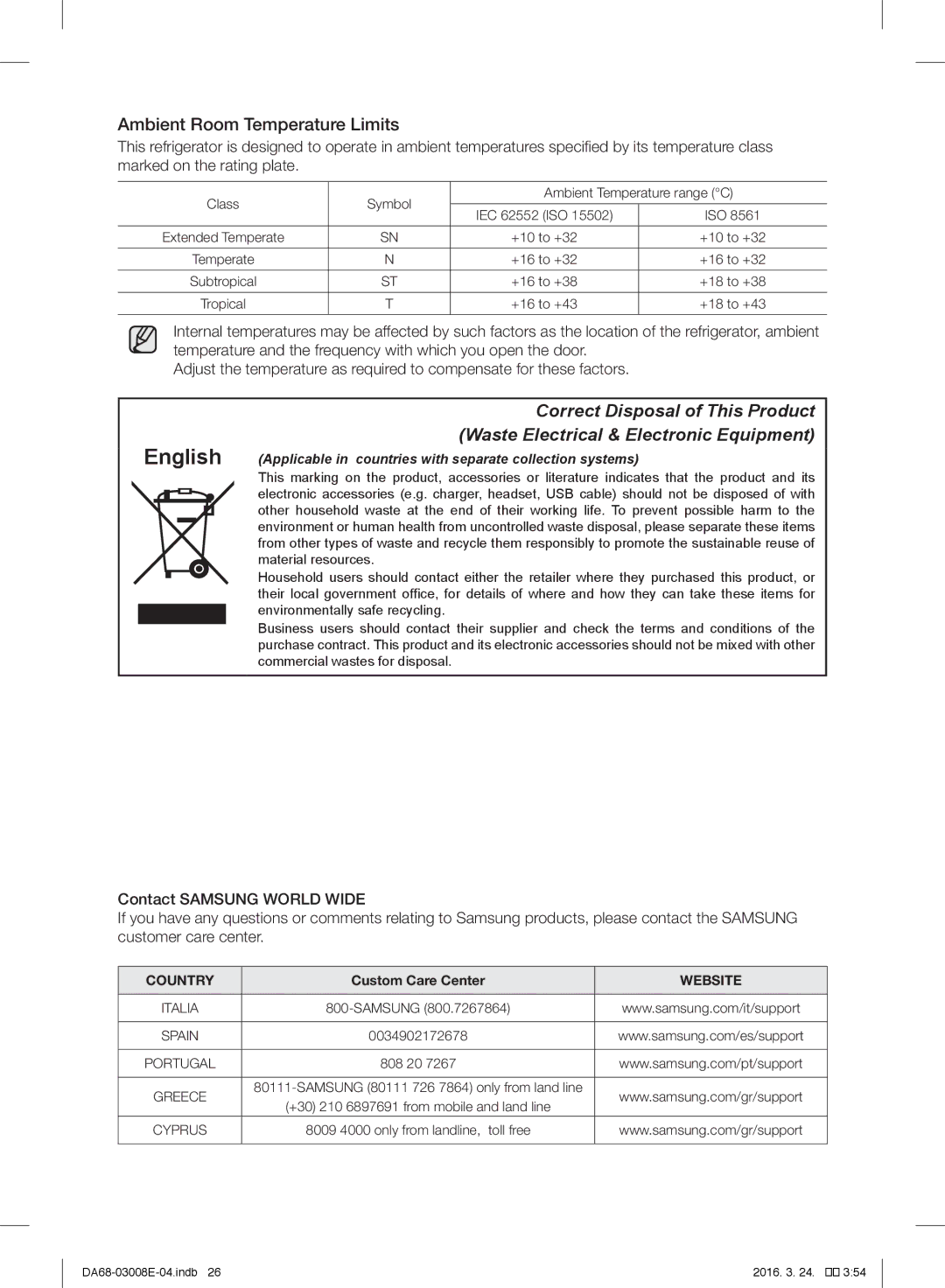 Samsung RR35H6000SA/EF, RR35H6165SS/EF, RR35H61657F/EF, RR35H6165SS/ES manual Ambient Room Temperature Limits, Website 