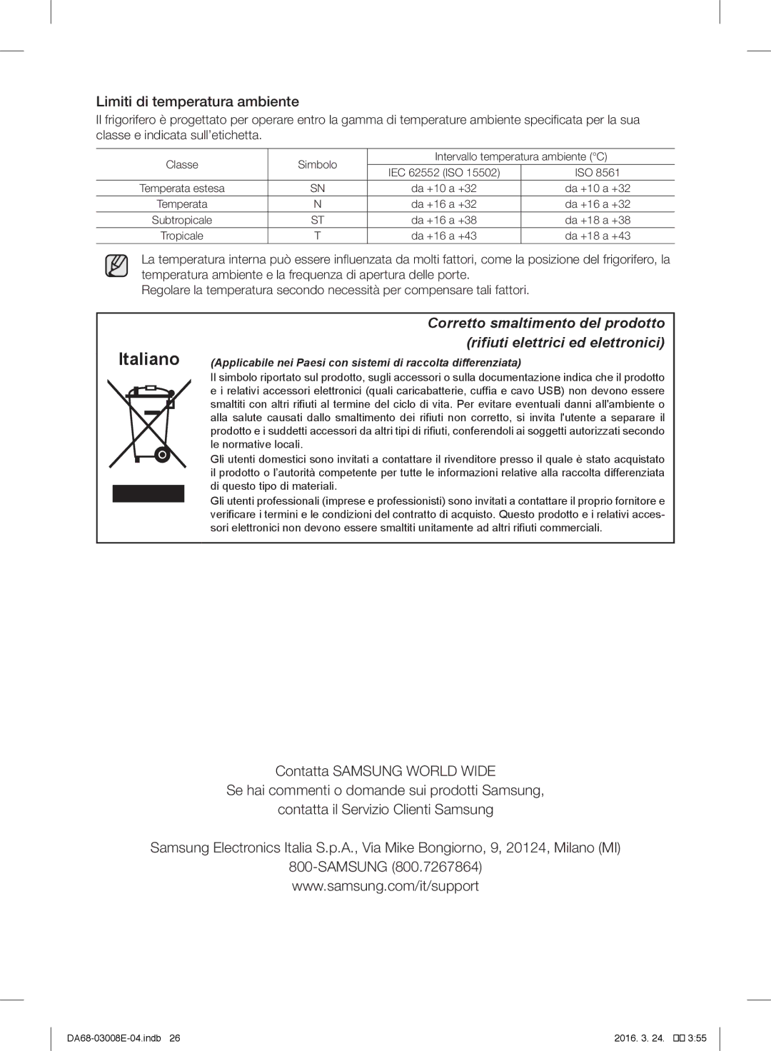 Samsung RR35H6005WW/ES, RR35H6165SS/EF, RR35H61657F/EF, RR35H6000SA/EF, RR35H6165SS/ES manual Limiti di temperatura ambiente 