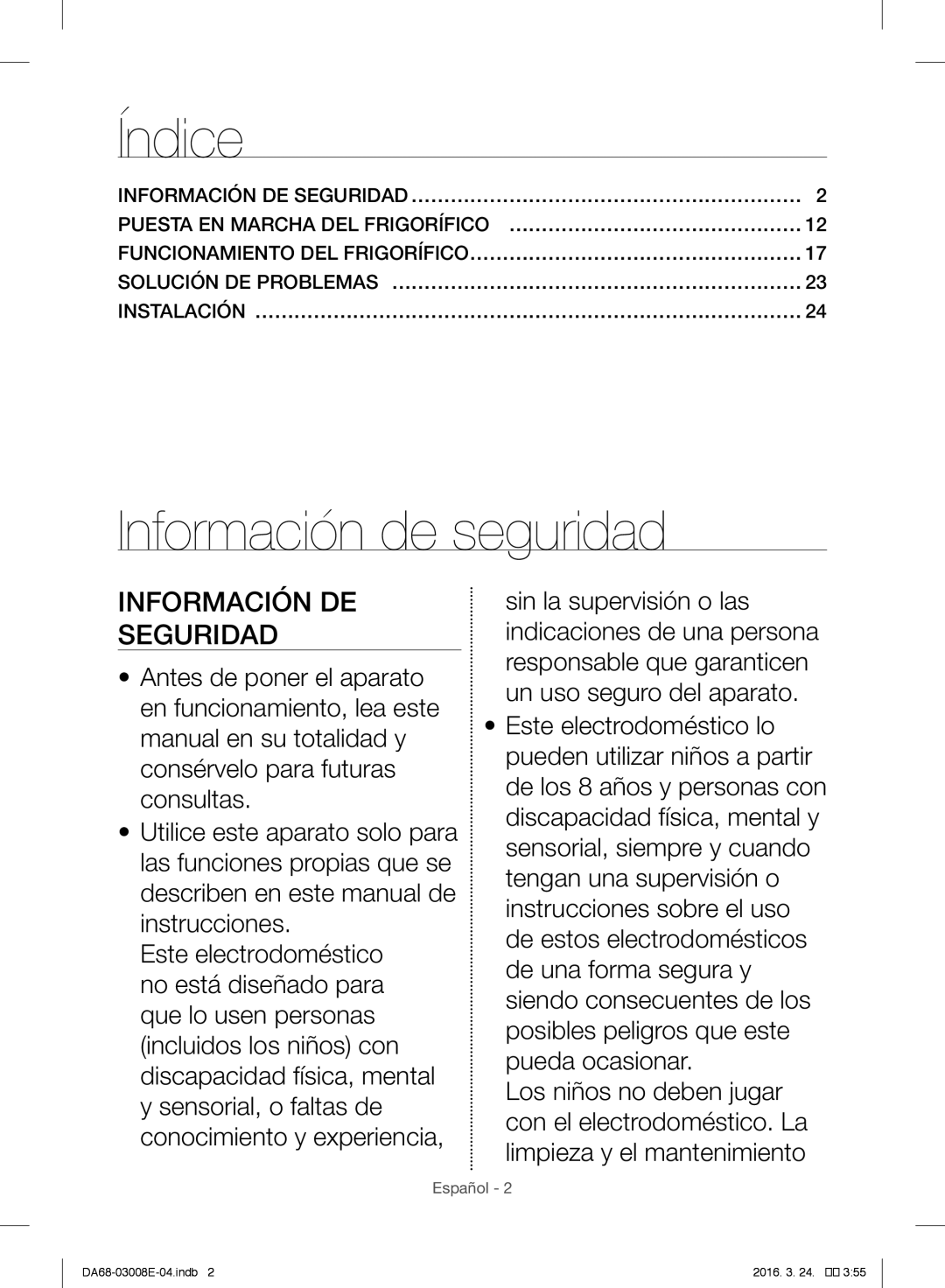 Samsung RR35H6010SS/ES, RR35H6165SS/EF, RR35H61657F/EF manual Índice, Información de seguridad, Información DE Seguridad 