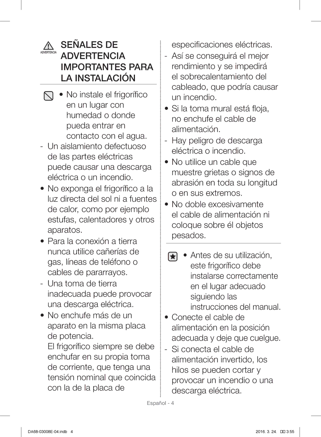 Samsung RR35H6165SS/EF, RR35H61657F/EF, RR35H6000SA/EF, RR35H6165SS/ES manual Señales DE, Importantes Para LA Instalación 