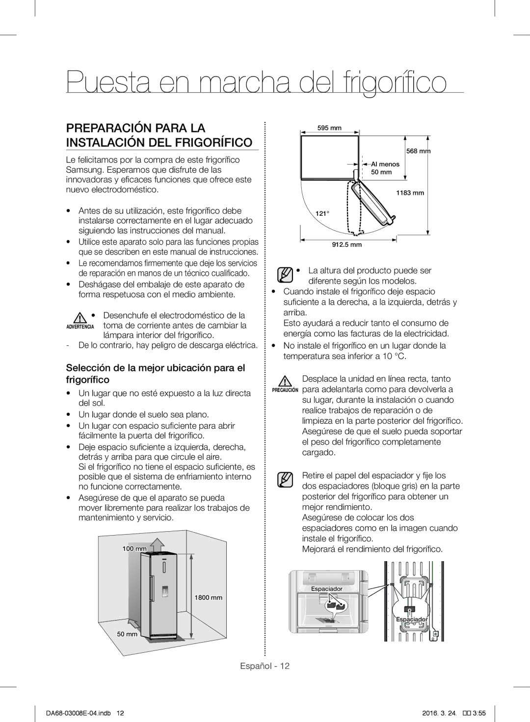 Samsung RR35H6165SS/EF, RR35H61657F/EF Puesta en marcha del frigorífico, Preparación Para LA Instalación DEL Frigorífico 