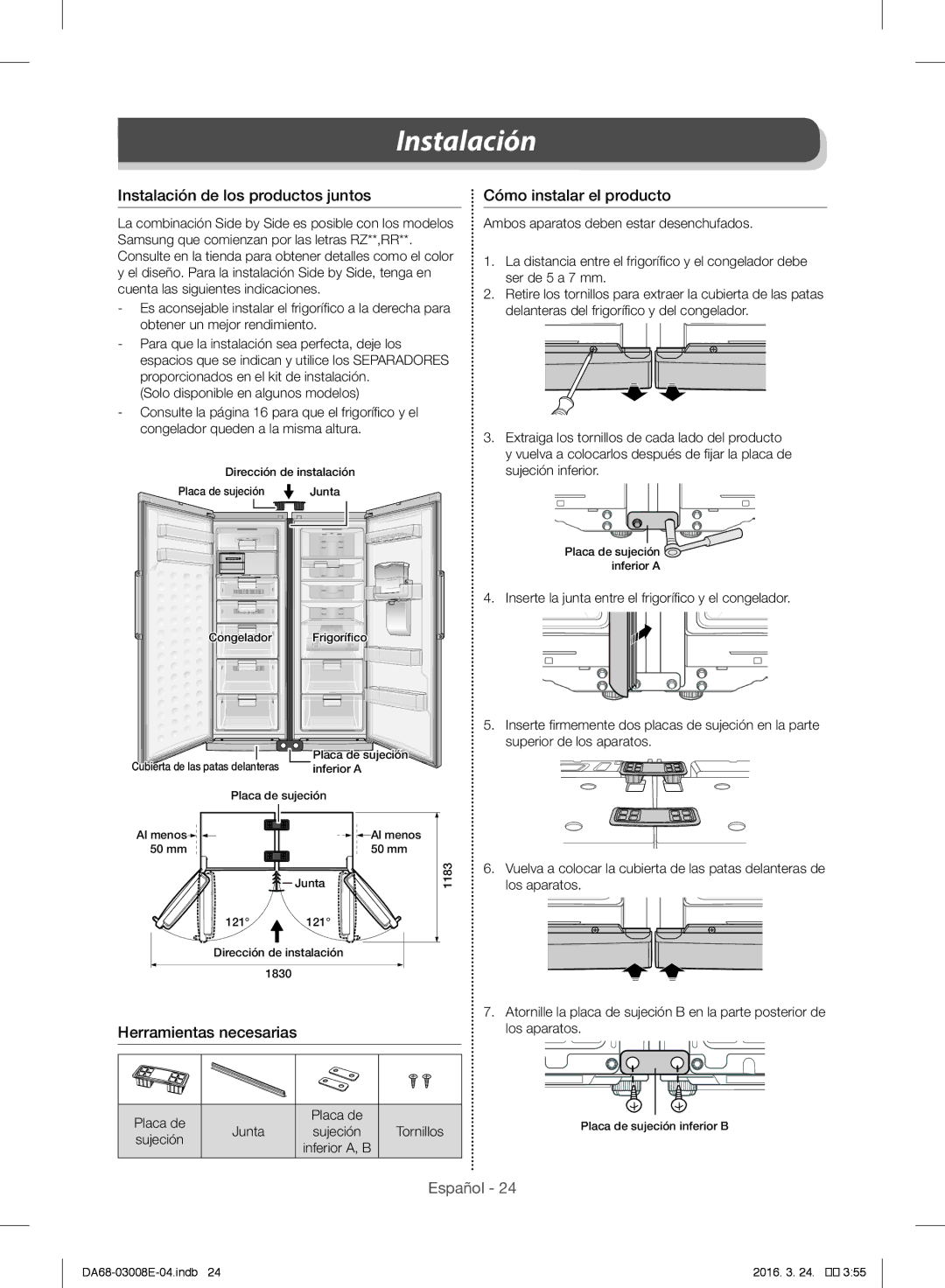 Samsung RR35H6005WW/ES manual Instalación de los productos juntos, Herramientas necesarias Cómo instalar el producto 