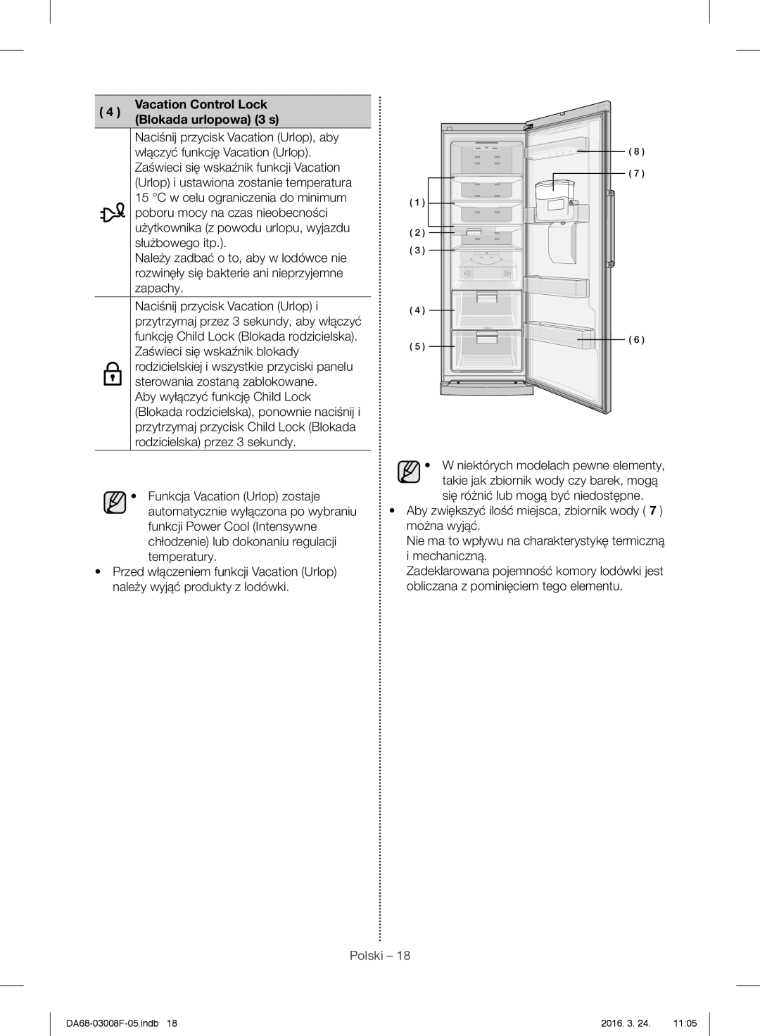 Samsung RR35H6610SS/EO, RR35H6165SS/EO, RR35H6165SS/WS, RR35H6015SS/EO manual Vacation Control Lock Blokada urlopowa 3 s 