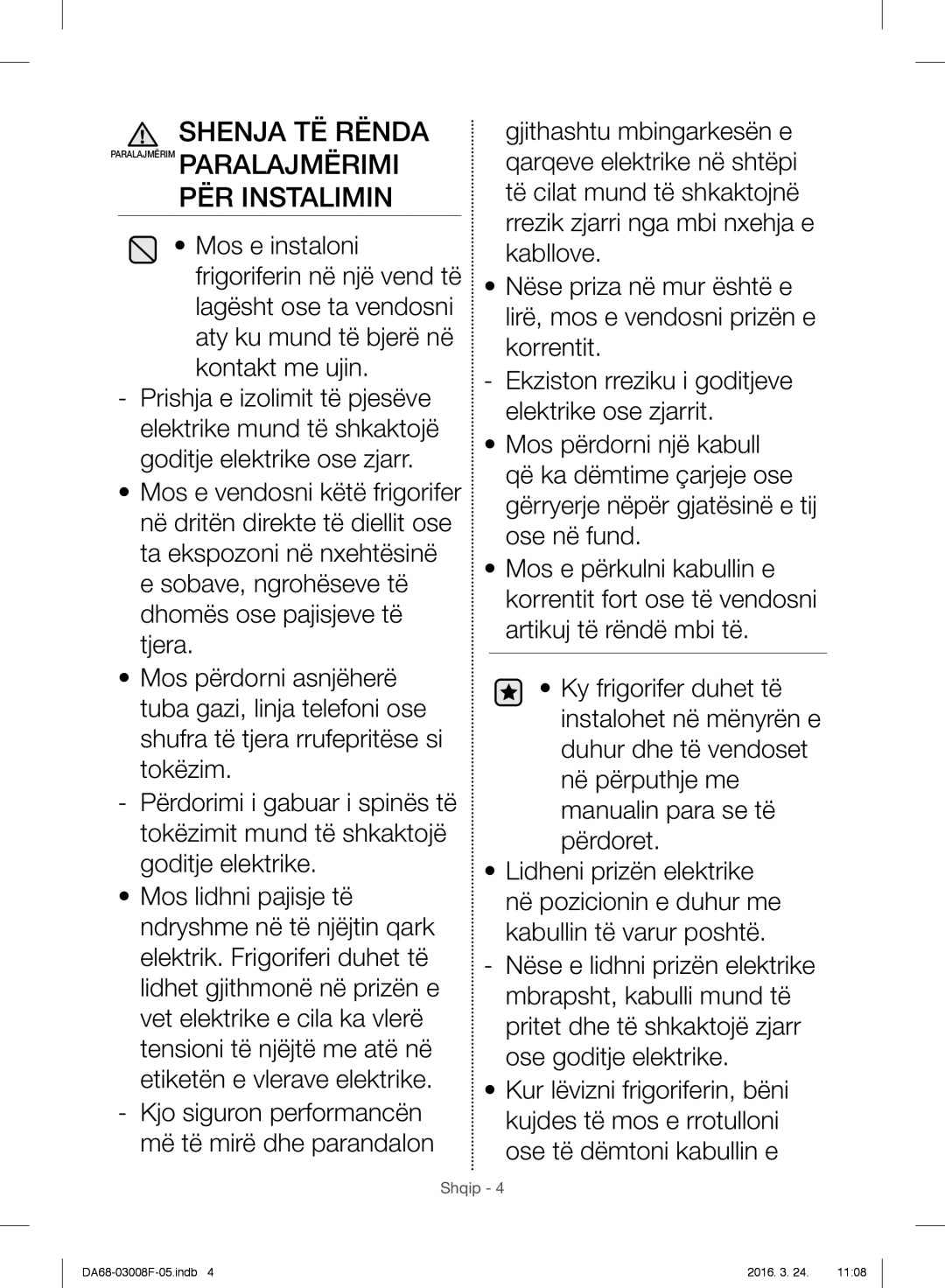 Samsung RR35H6015SS/EO, RR35H6165SS/EO, RR35H6165SS/WS, RR35H6610SS/EO, RR35H6510SS/EO manual PËR Instalimin 