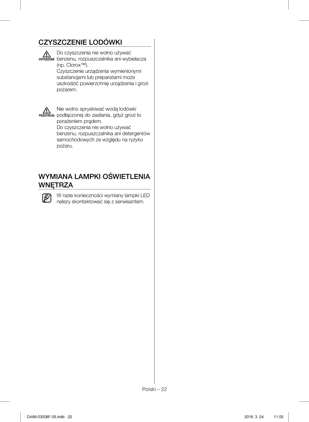 Samsung RR35H6015SS/EO, RR35H6165SS/EO, RR35H6165SS/WS manual Czyszczenie Lodówki, Wymiana Lampki Oświetlenia Wnętrza 