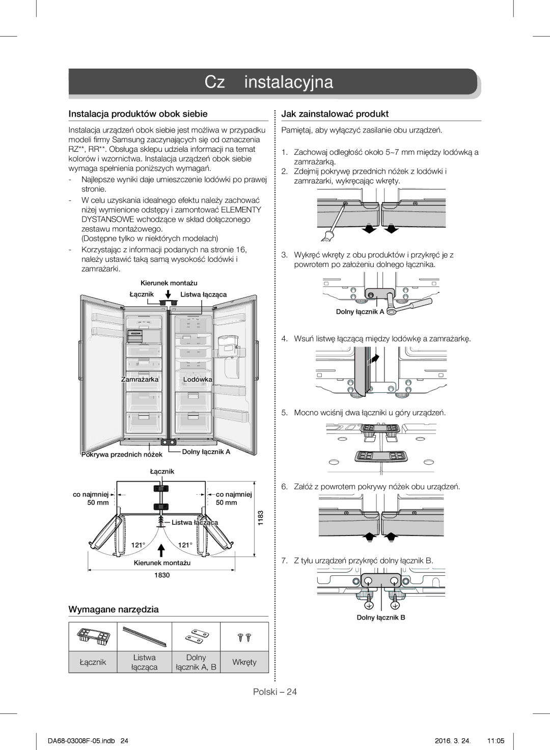 Samsung RR35H6510SS/EO, RR35H6165SS/EO manual Instalacja produktów obok siebie, Jak zainstalować produkt, Wymagane narzędzia 