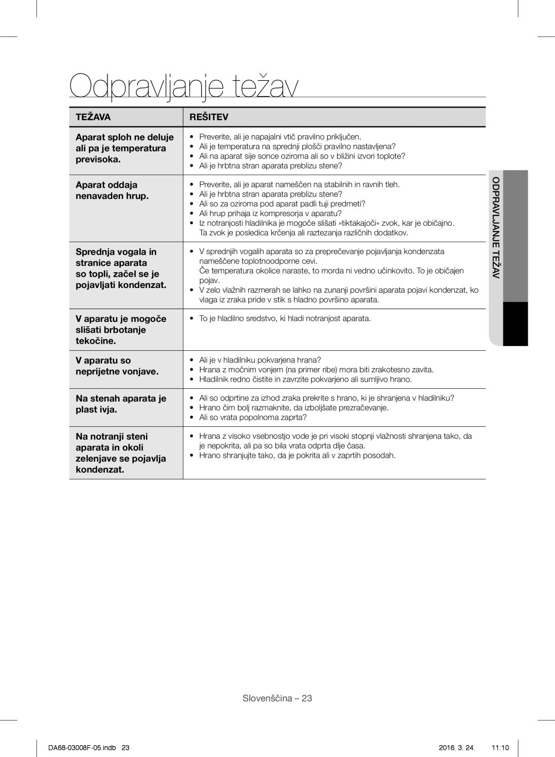 Samsung RR35H6165SS/WS, RR35H6165SS/EO, RR35H6015SS/EO, RR35H6610SS/EO, RR35H6510SS/EO manual Odpravljanje težav 