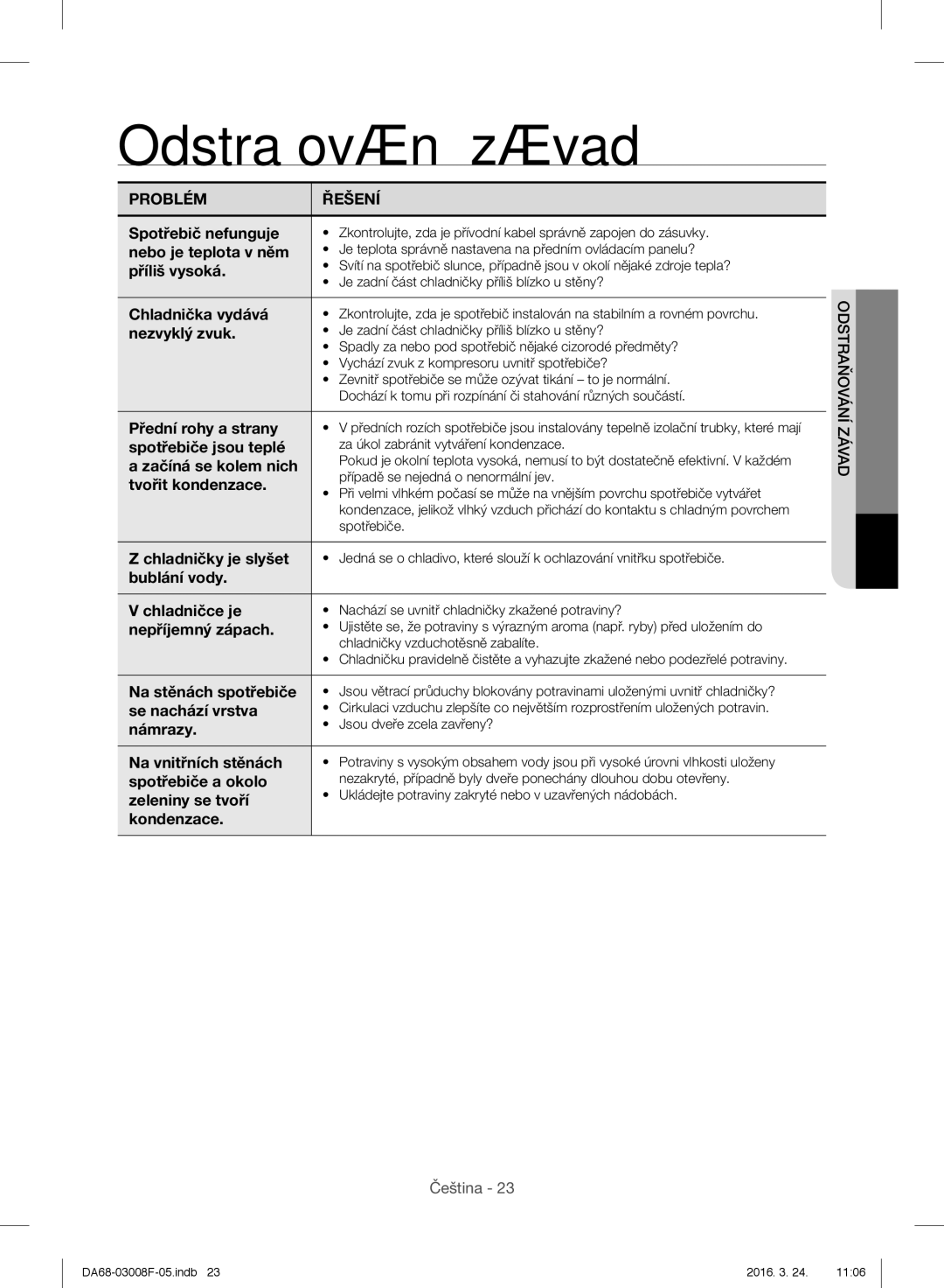 Samsung RR35H6510SS/EO, RR35H6165SS/EO, RR35H6165SS/WS, RR35H6015SS/EO, RR35H6610SS/EO manual Odstraňování závad 