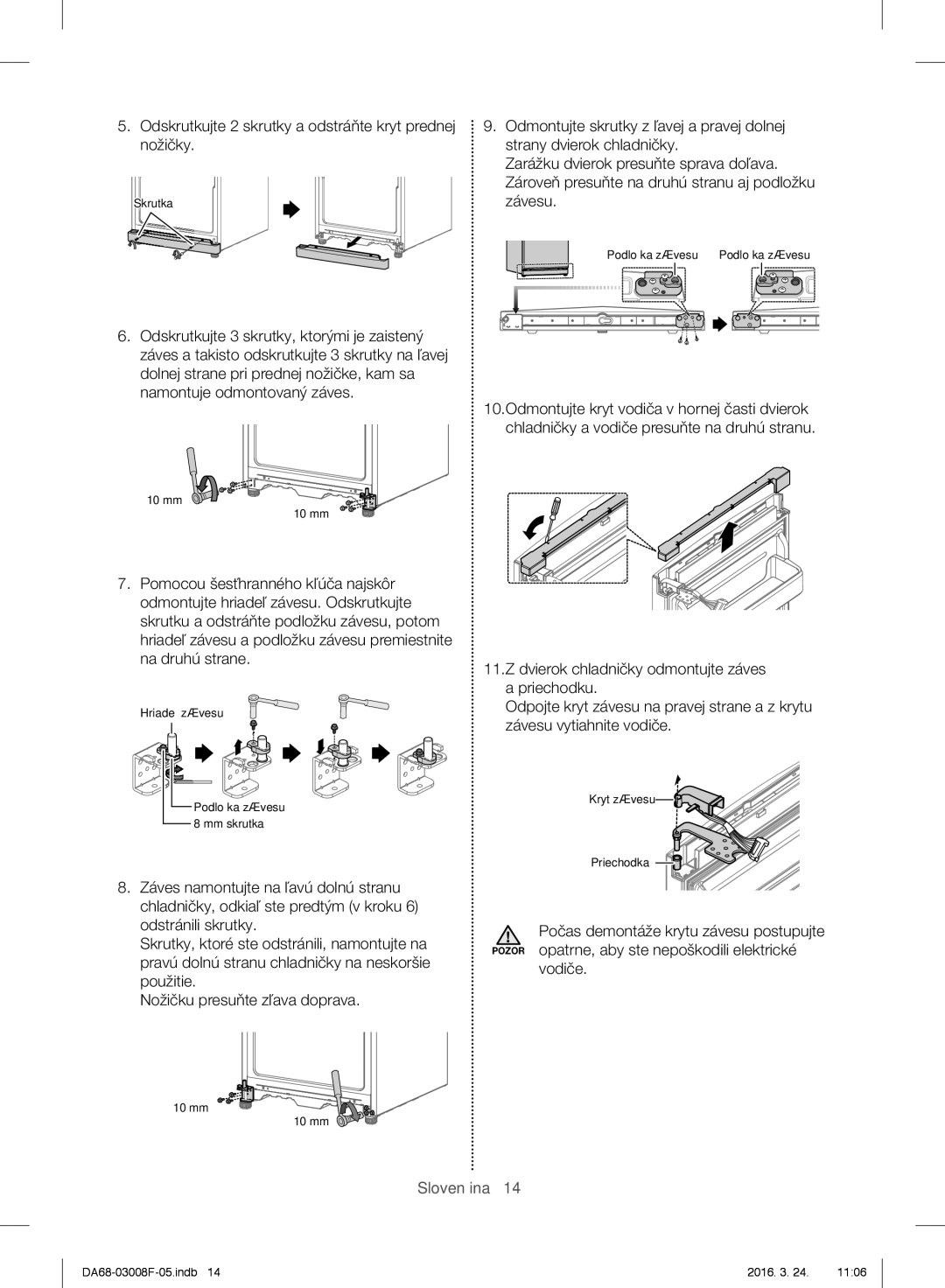 Samsung RR35H6165SS/WS, RR35H6165SS/EO, RR35H6015SS/EO manual Odskrutkujte 2 skrutky a odstráňte kryt prednej nožičky 