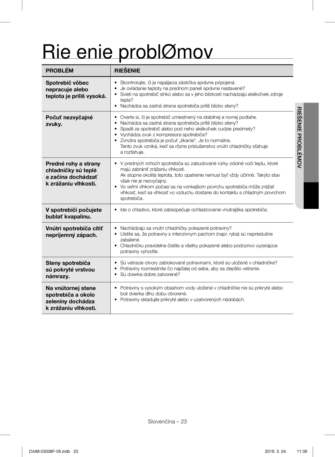 Samsung RR35H6165SS/EO, RR35H6165SS/WS, RR35H6015SS/EO, RR35H6610SS/EO, RR35H6510SS/EO manual Riešenie problémov 