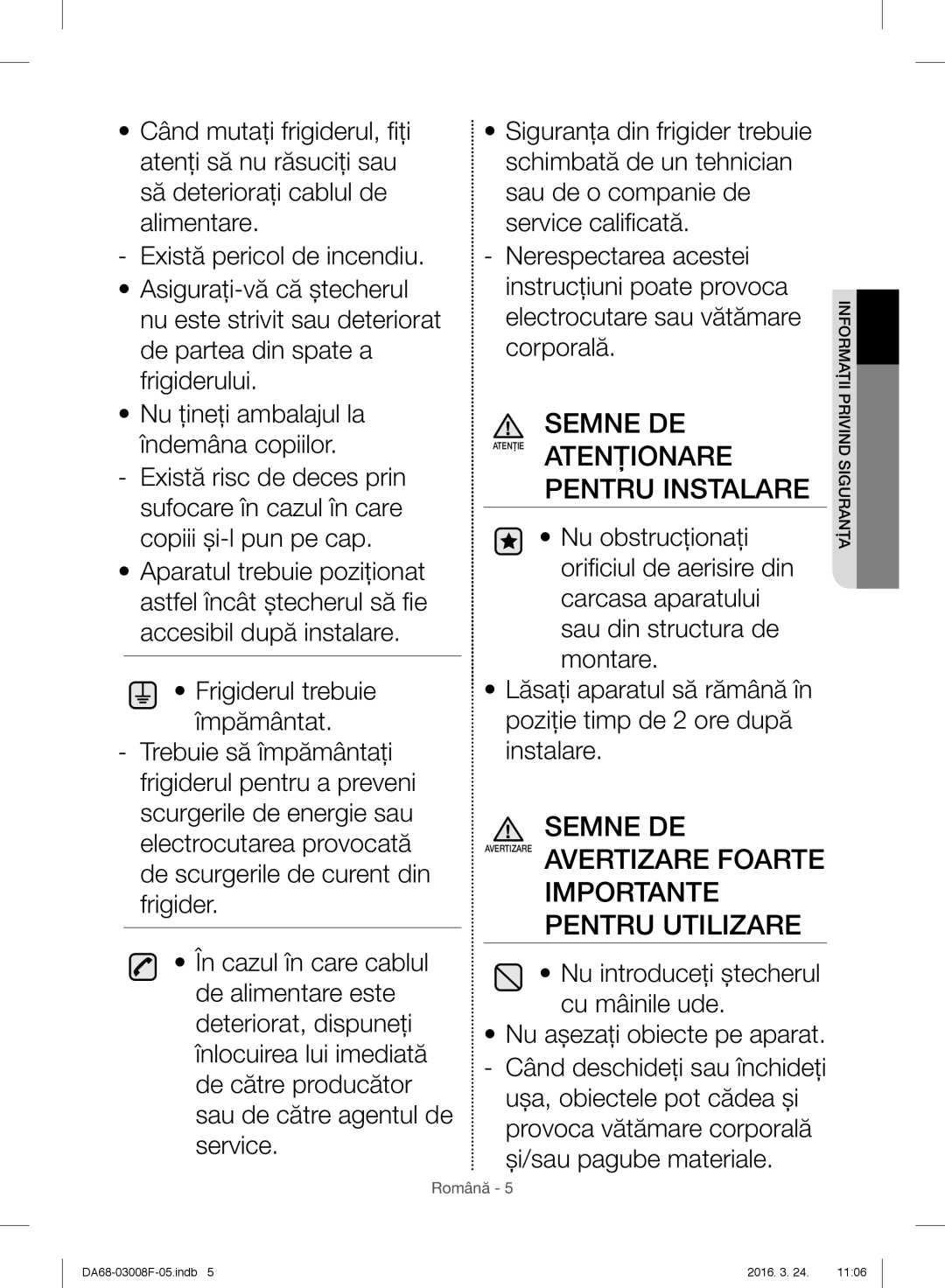 Samsung RR35H6610SS/EO, RR35H6165SS/EO, RR35H6165SS/WS, RR35H6015SS/EO, RR35H6510SS/EO Atenţie Atenţionare Pentru Instalare 