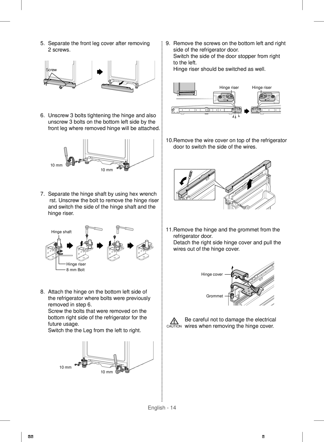 Samsung RR35H6165SS/EO Separate the front leg cover after removing, Screws Side of the refrigerator door, To the left 