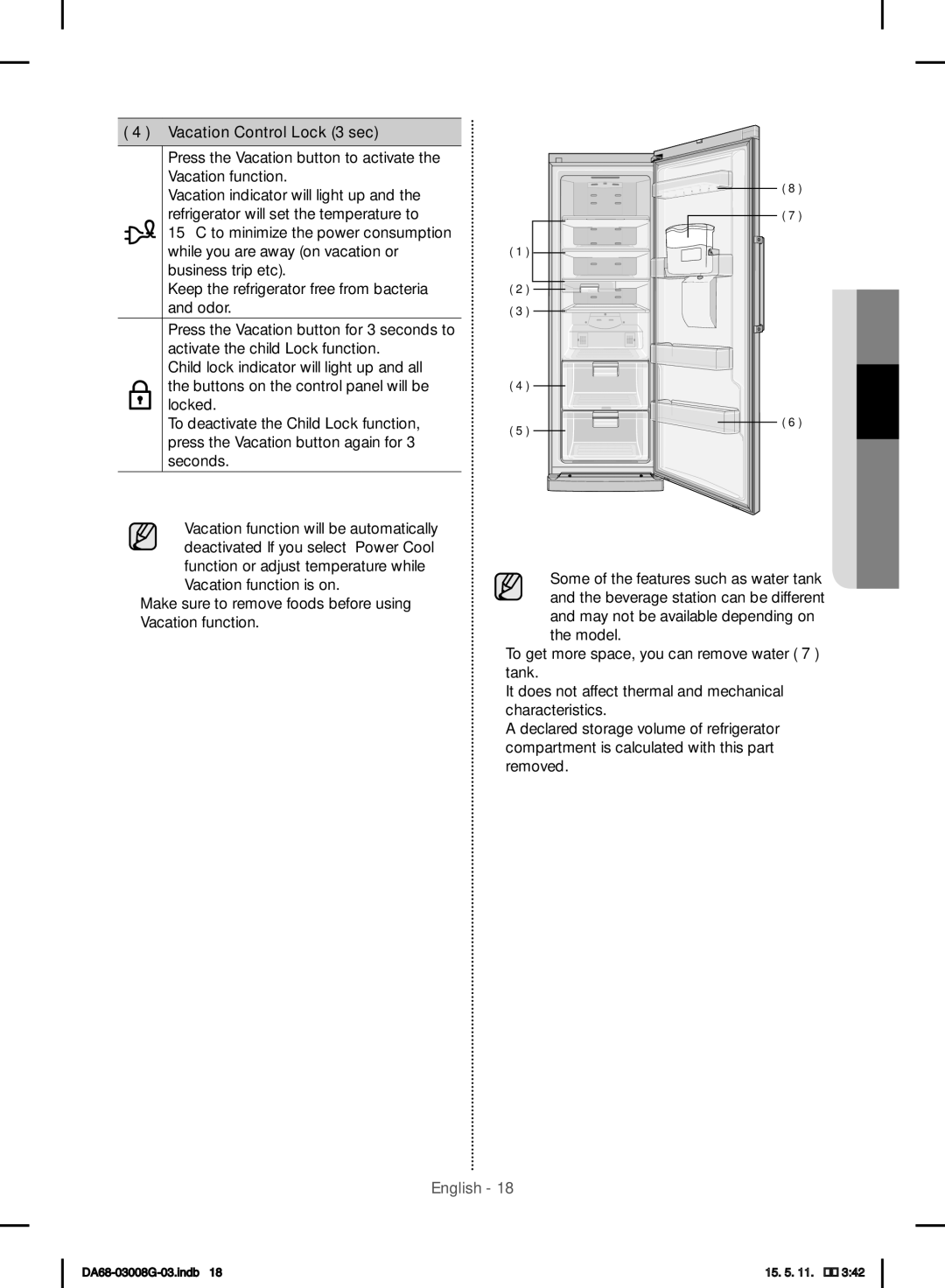 Samsung RR35H6165SS/EO manual Vacation Control Lock 3 sec, Press the Vacation button to activate the Vacation function 