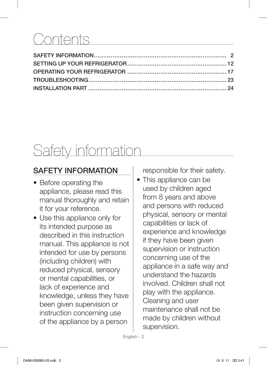 Samsung RR35H6165SS/EO, RR35H6165SS/WS manual Contents, Safety information 