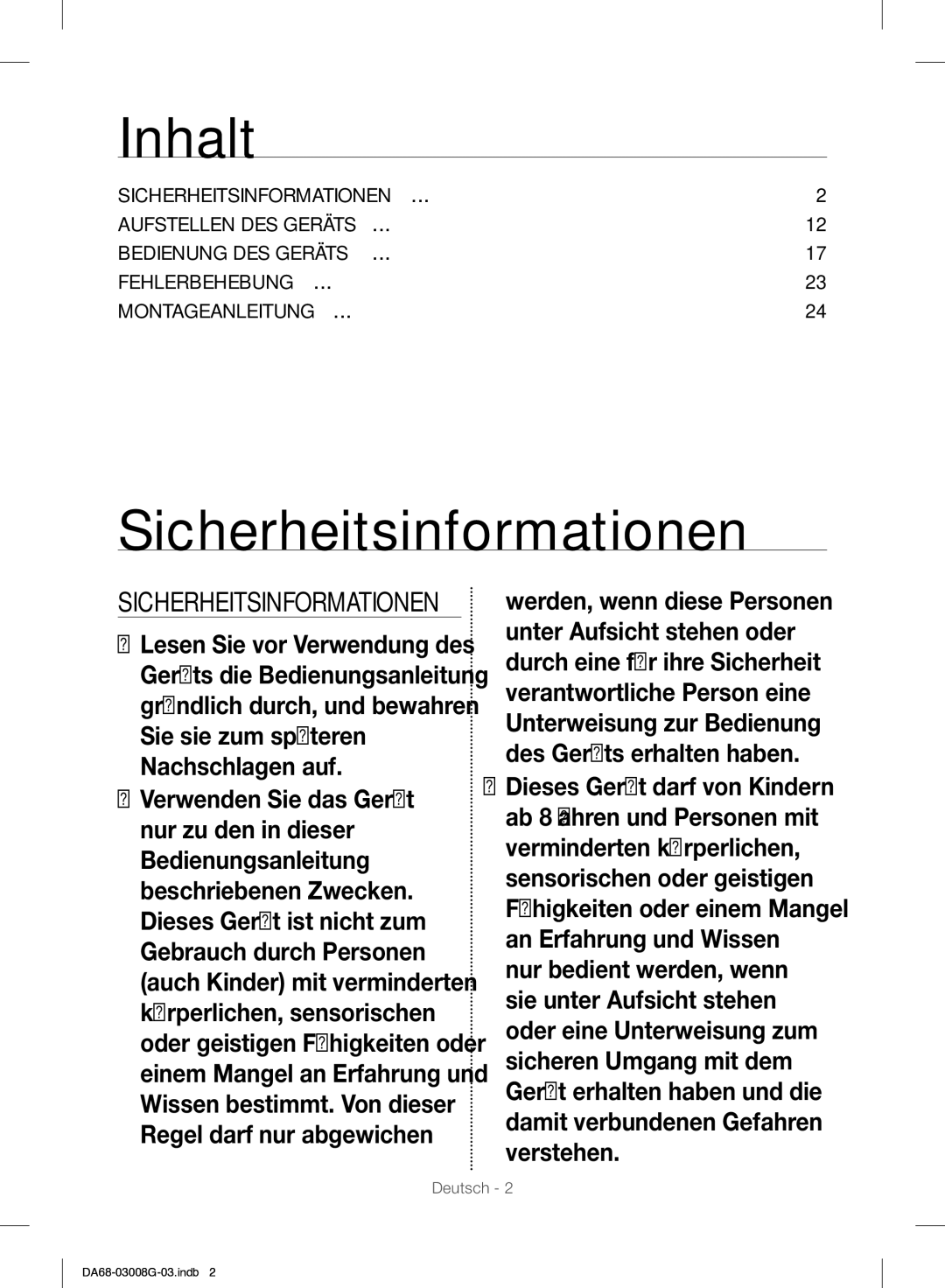 Samsung RR35H6165SS/EO, RR35H6165SS/WS manual Inhalt, Sicherheitsinformationen 