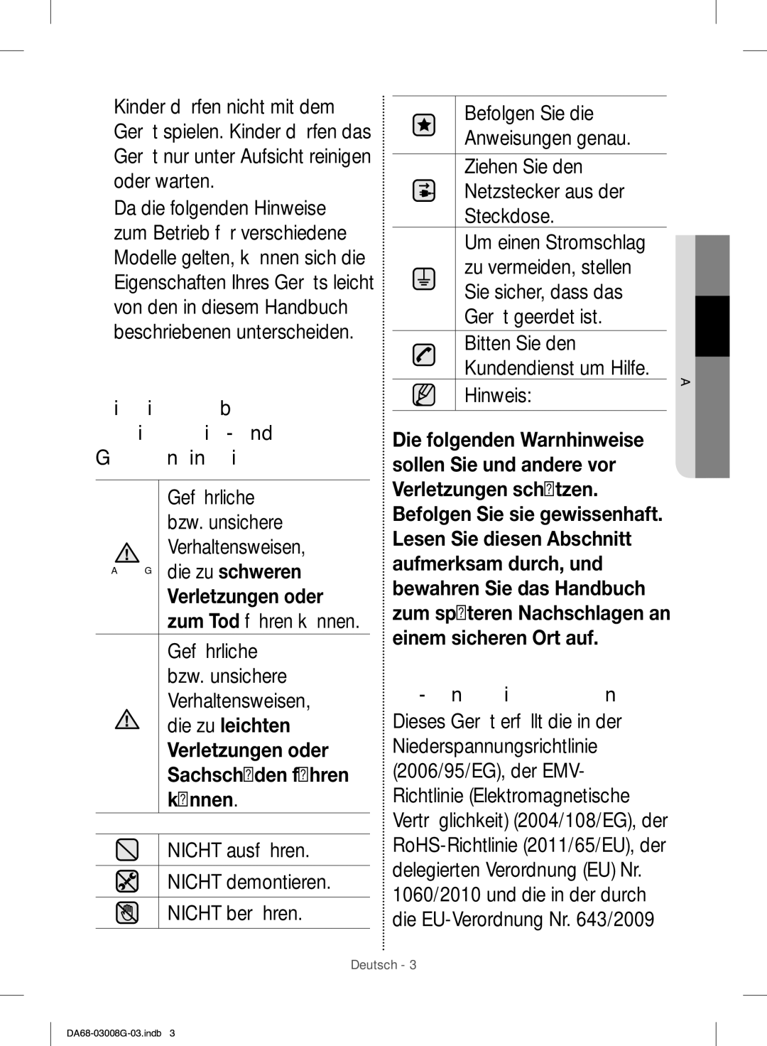 Samsung RR35H6165SS/WS manual Nicht ausführen, Nicht demontieren, Nicht berühren, Hinweis, CE-Konformitätserklärung 