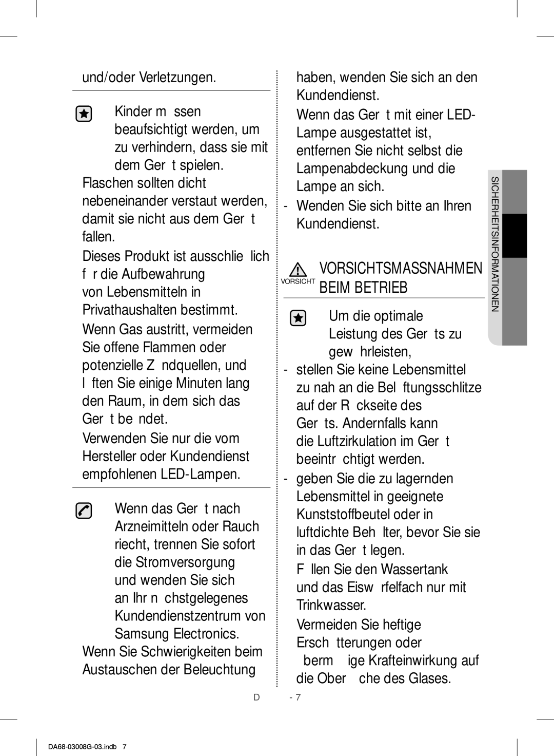 Samsung RR35H6165SS/WS, RR35H6165SS/EO manual Und/oder Verletzungen, Um die optimale Leistung des Geräts zu gewährleisten 