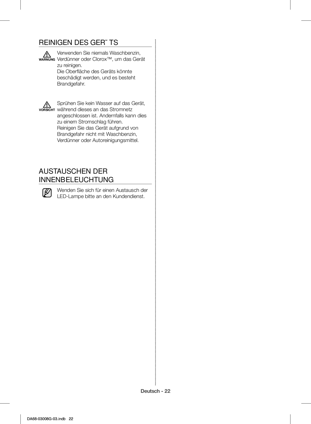 Samsung RR35H6165SS/EO, RR35H6165SS/WS manual Reinigen DES Geräts, Austauschen DER Innenbeleuchtung 