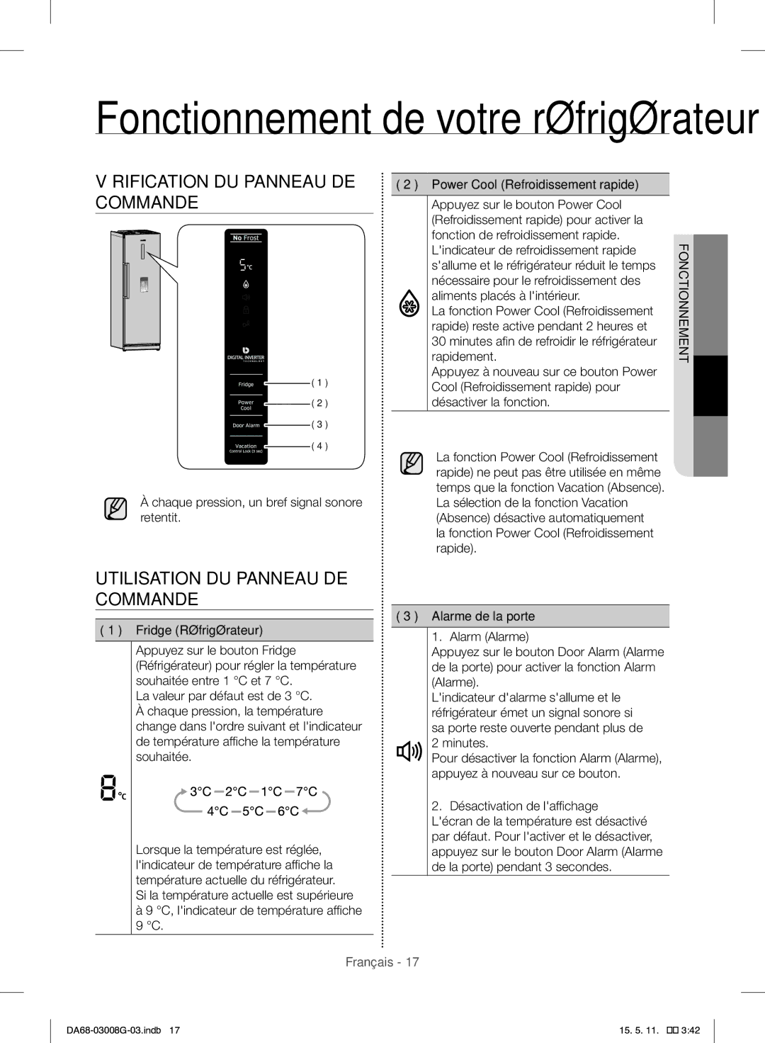 Samsung RR35H6165SS/WS, RR35H6165SS/EO manual Vérification DU Panneau DE, Utilisation DU Panneau DE Commande 