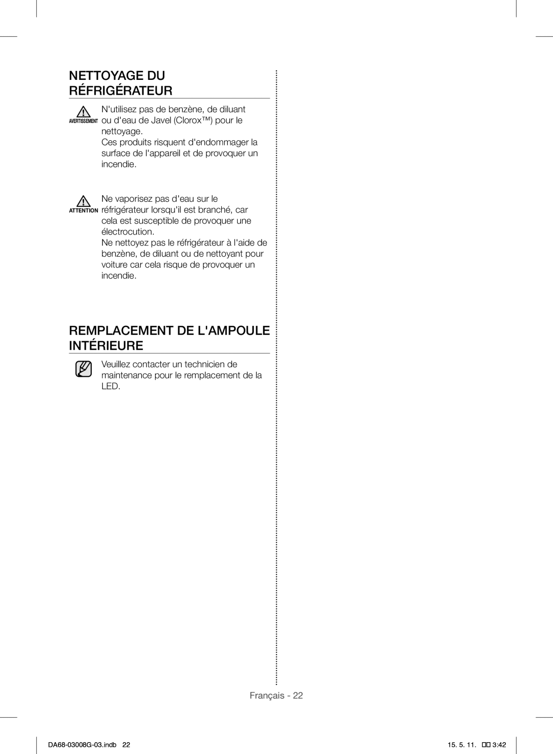 Samsung RR35H6165SS/EO, RR35H6165SS/WS manual Nettoyage DU Réfrigérateur, Remplacement DE Lampoule Intérieure 