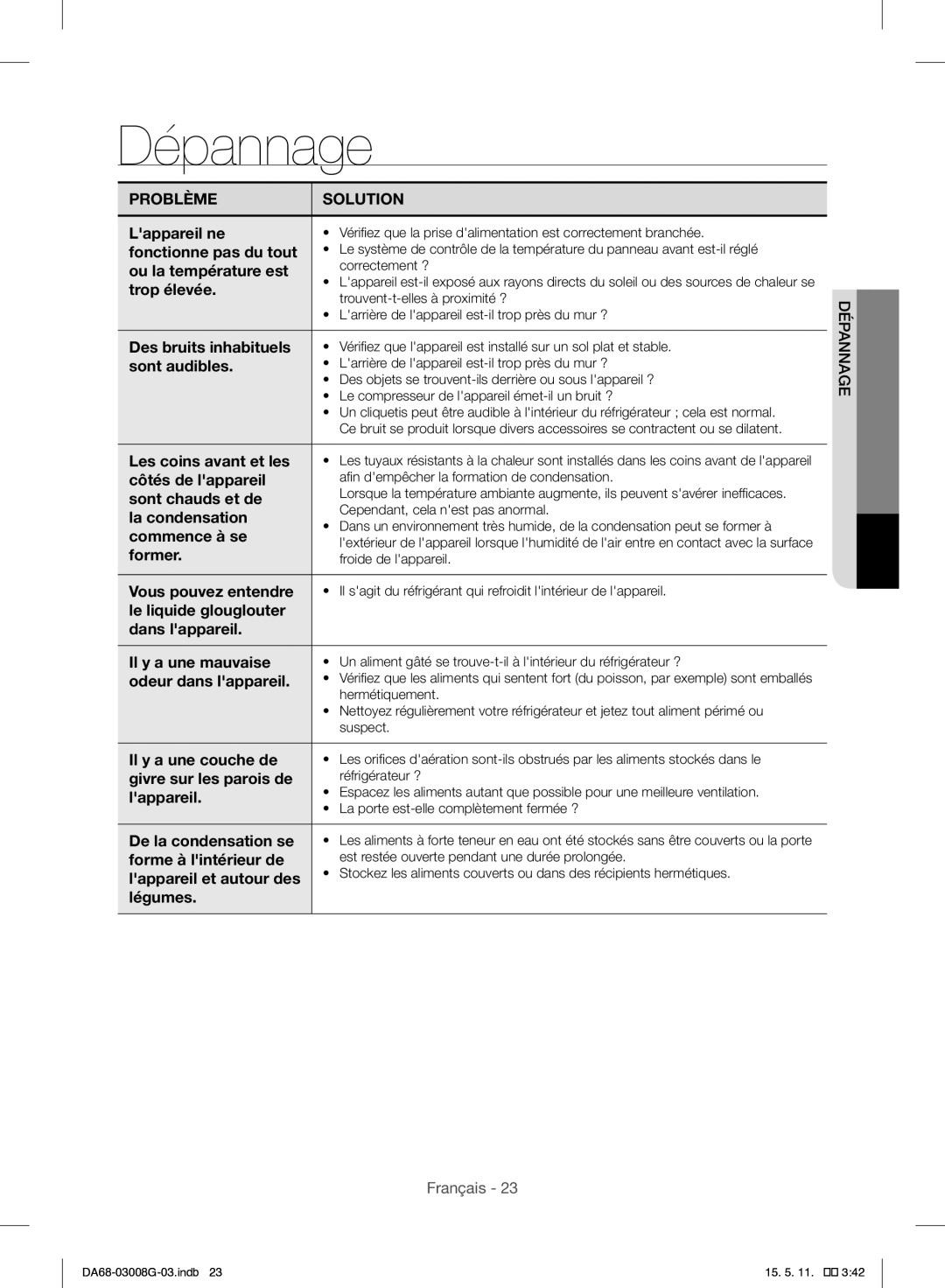 Samsung RR35H6165SS/WS, RR35H6165SS/EO manual Dépannage 