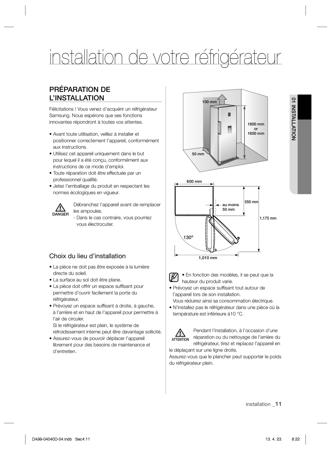 Samsung RR92HAWW1/XEF, RR3773ATCSR/EF, RR92HASX1/XEF manual Préparation DE ’INSTALLATION, Choix du lieu d’installation 