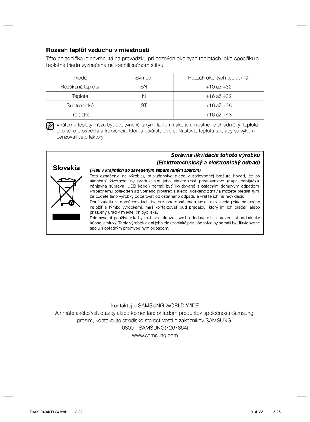 Samsung RR92HAWW1/XEF, RR3773ATCSR/EF, RR92HASX1/XEF manual Rozsah teplôt vzduchu v miestnosti, Tropické 