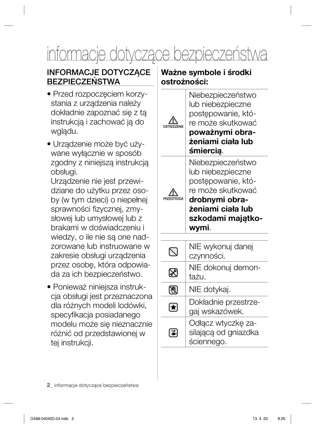 Samsung RR92HASX1/XEF, RR3773ATCSR/EF, RR92HAWW1/XEF manual Informacje Dotyczące Bezpieczeństwa 