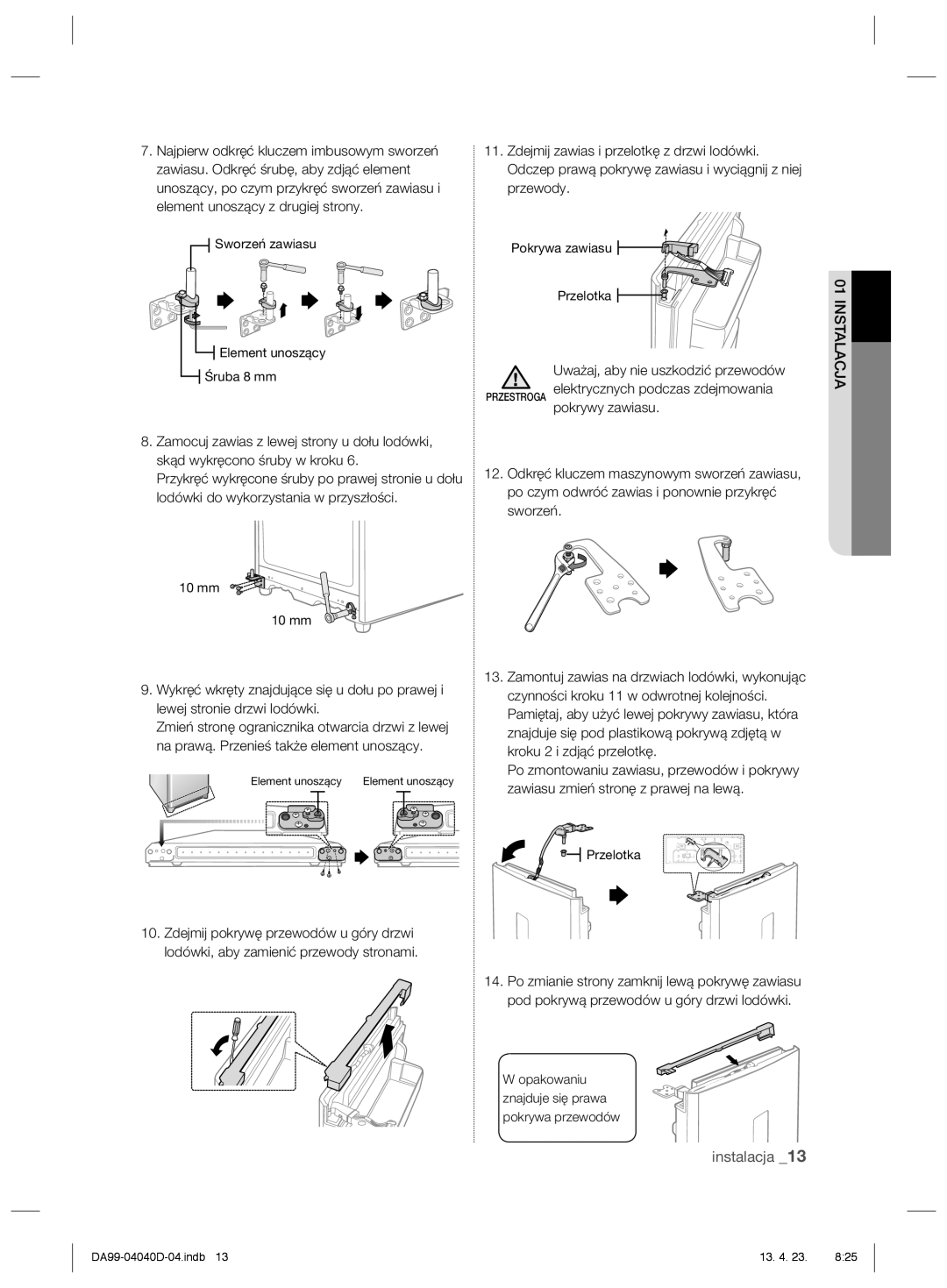 Samsung RR3773ATCSR/EF, RR92HASX1/XEF, RR92HAWW1/XEF manual Pokrywa zawiasu Przelotka 