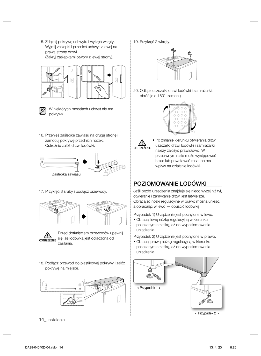 Samsung RR92HASX1/XEF, RR3773ATCSR/EF, RR92HAWW1/XEF manual Poziomowanie Lodówki 