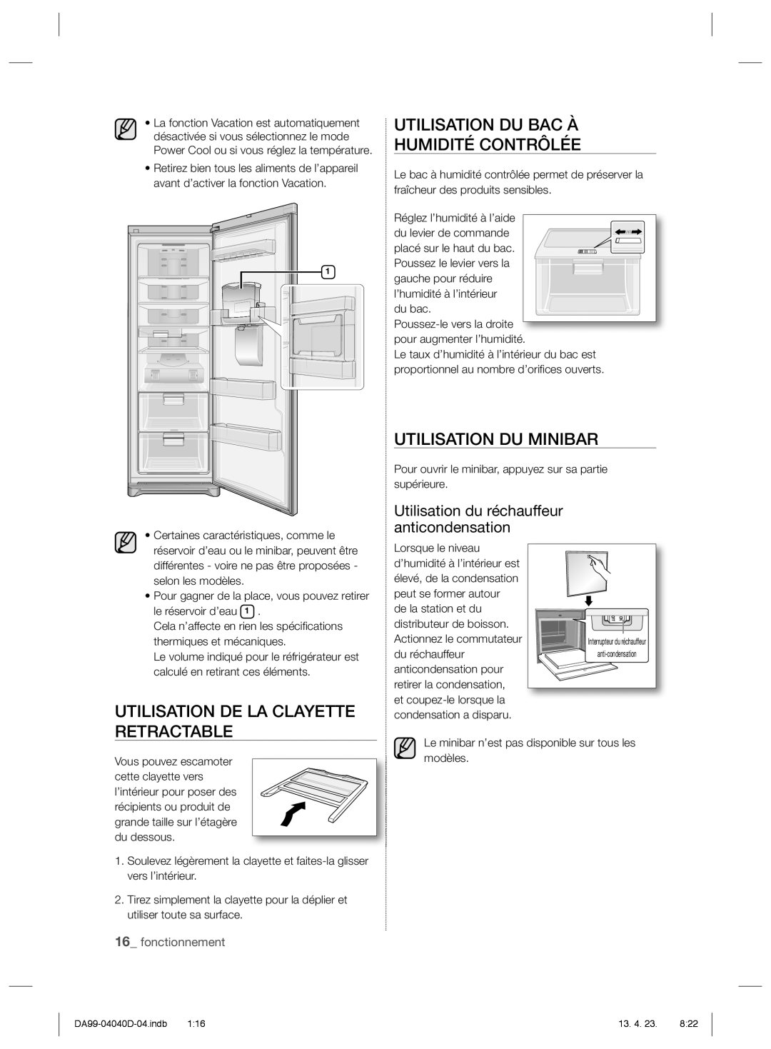 Samsung RR92HASX1/XEF, RR3773ATCSR/EF, RR92HAWW1/XEF manual Utilisation DU BAC À Humidité Contrôlée, Utilisation DU Minibar 