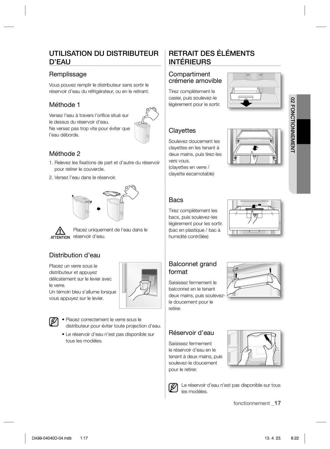 Samsung RR92HAWW1/XEF, RR3773ATCSR/EF, RR92HASX1/XEF Utilisation DU Distributeur D’EAU, Retrait DES Éléments Intérieurs 