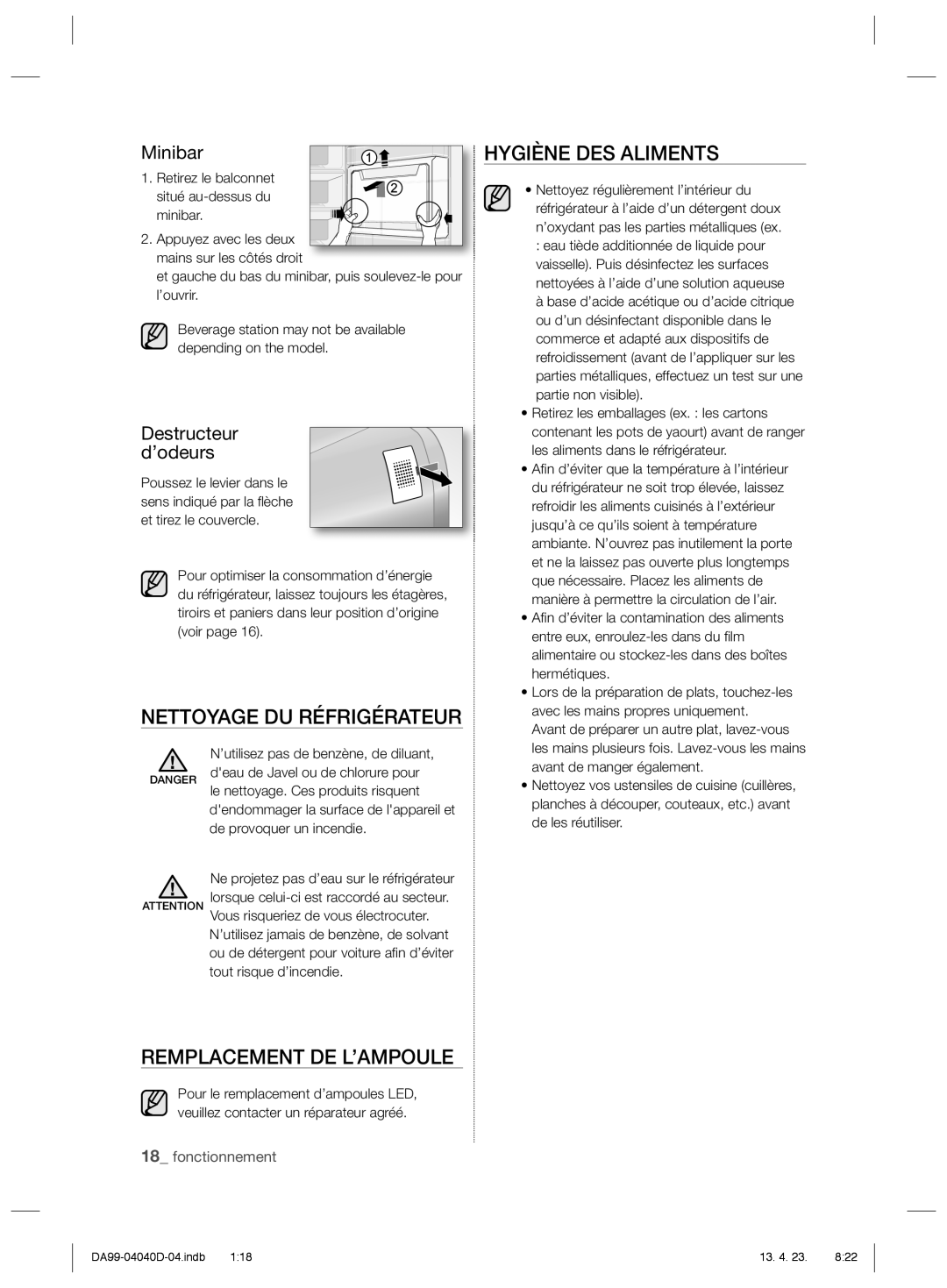 Samsung RR3773ATCSR/EF, RR92HASX1/XEF Nettoyage DU Réfrigérateur Hygiène DES Aliments, Remplacement DE L’AMPOULE, Minibar 