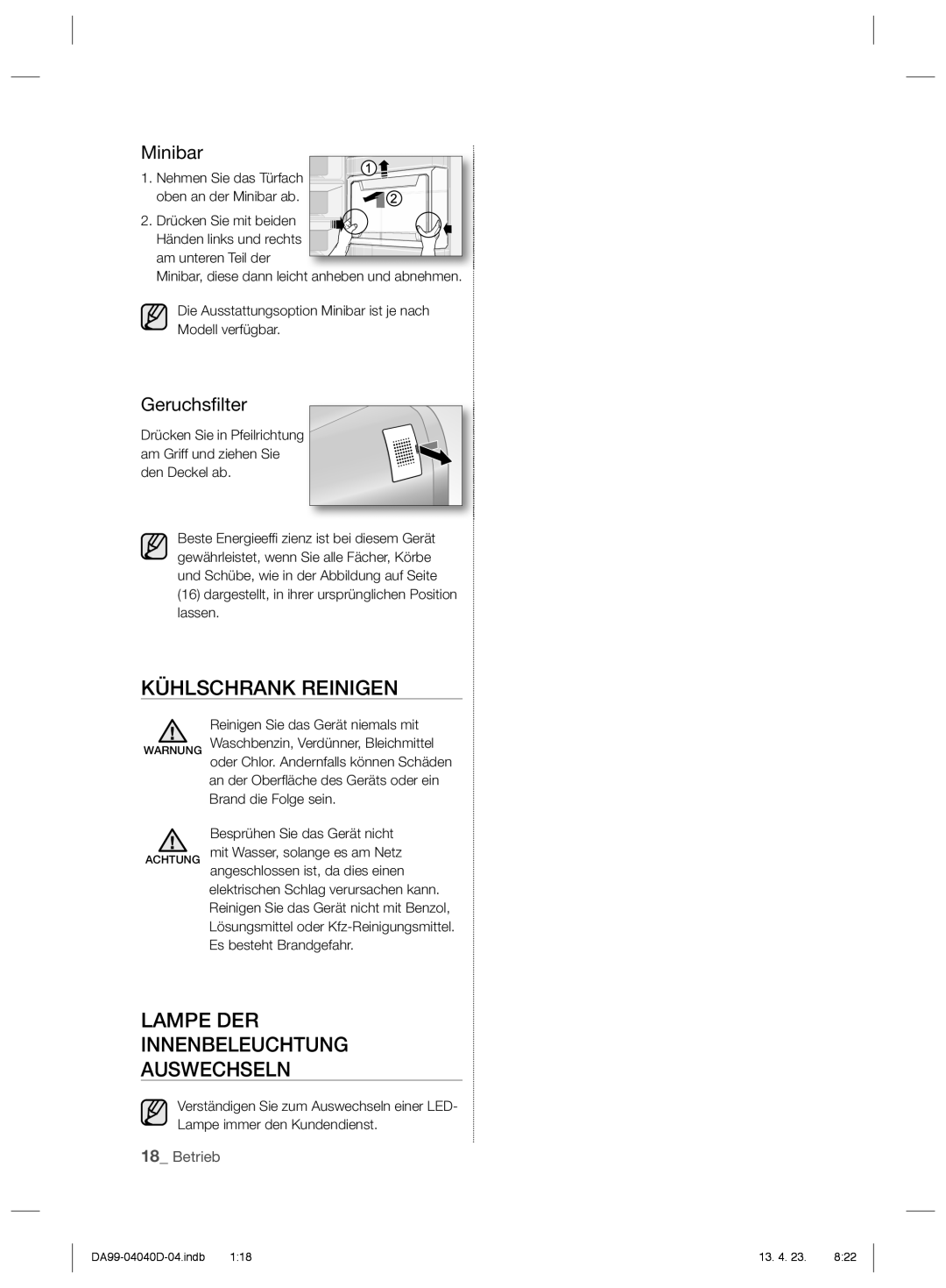 Samsung RR92HASX1/XEF, RR3773ATCSR/EF manual Kühlschrank Reinigen, Lampe DER Innenbeleuchtung Auswechseln, Geruchsﬁlter 