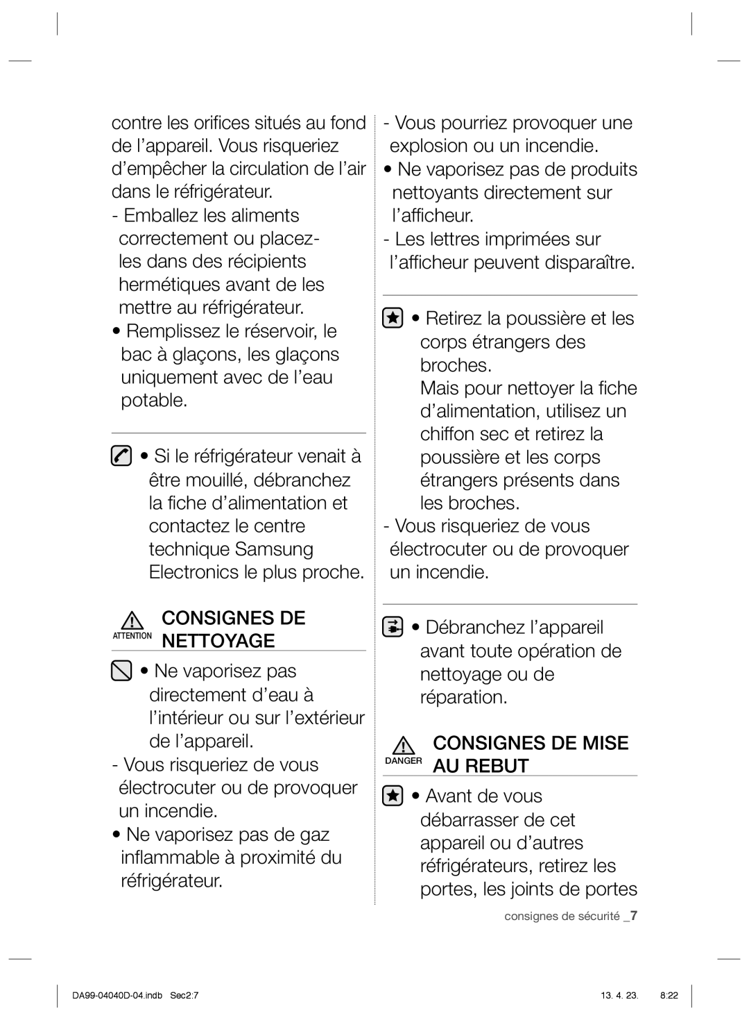 Samsung RR92HASX1/XEF, RR3773ATCSR/EF, RR92HAWW1/XEF manual Consignes DE Mise Danger AU Rebut 