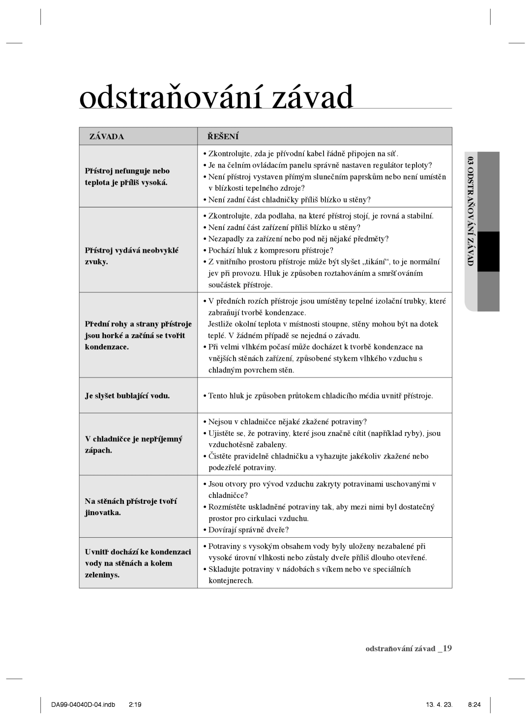 Samsung RR92HASX1/XEF, RR3773ATCSR/EF, RR92HAWW1/XEF manual Odstraňování závad 