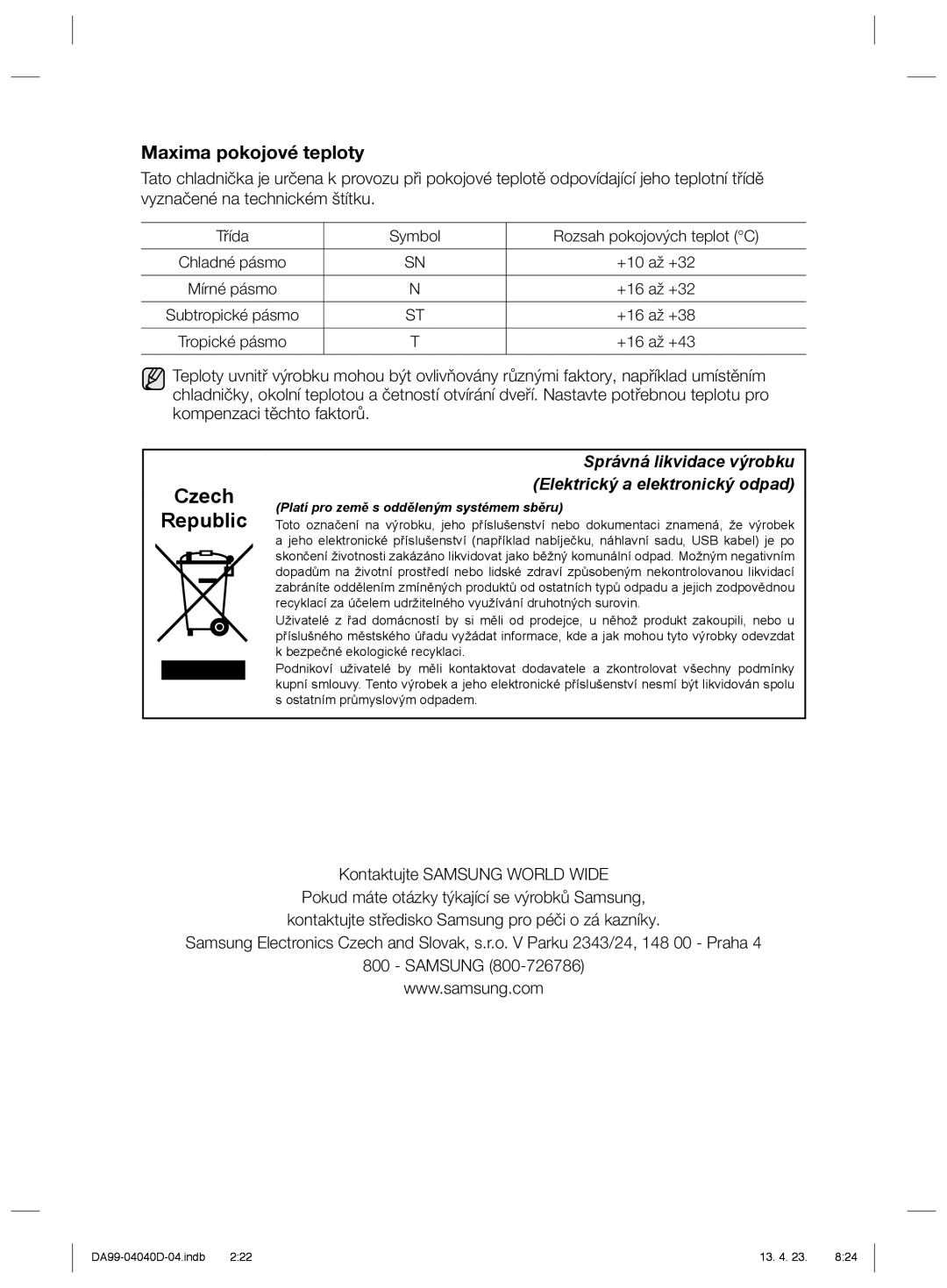 Samsung RR92HASX1/XEF, RR3773ATCSR/EF, RR92HAWW1/XEF manual Czech Republic 