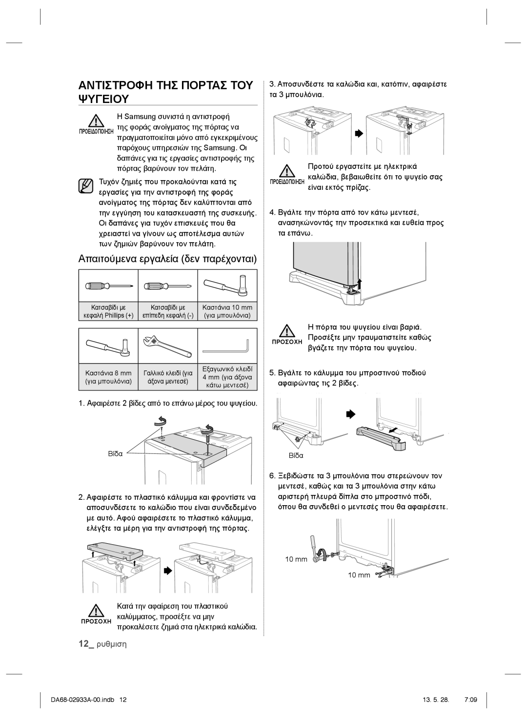 Samsung RR3773ATCSR/ES manual Απαιτούμενα εργαλεία δεν παρέχονται, Samsung συνιστά η αντιστροφή 