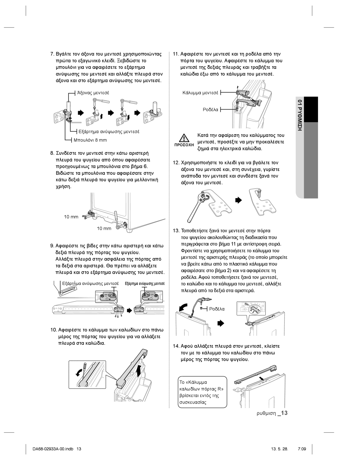 Samsung RR3773ATCSR/ES manual Κάλυμμα μεντεσέ Ροδέλα 