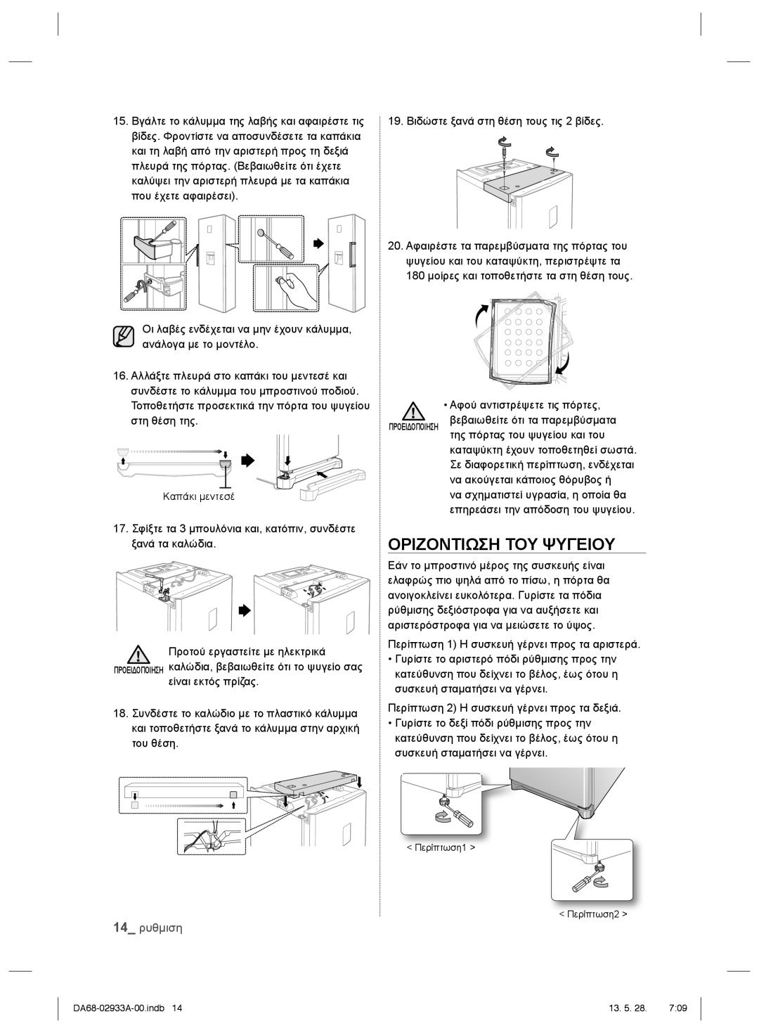 Samsung RR3773ATCSR/ES manual 19. Βιδώστε ξανά στη θέση τους τις 2 βίδες, Αφού αντιστρέψετε τις πόρτες 