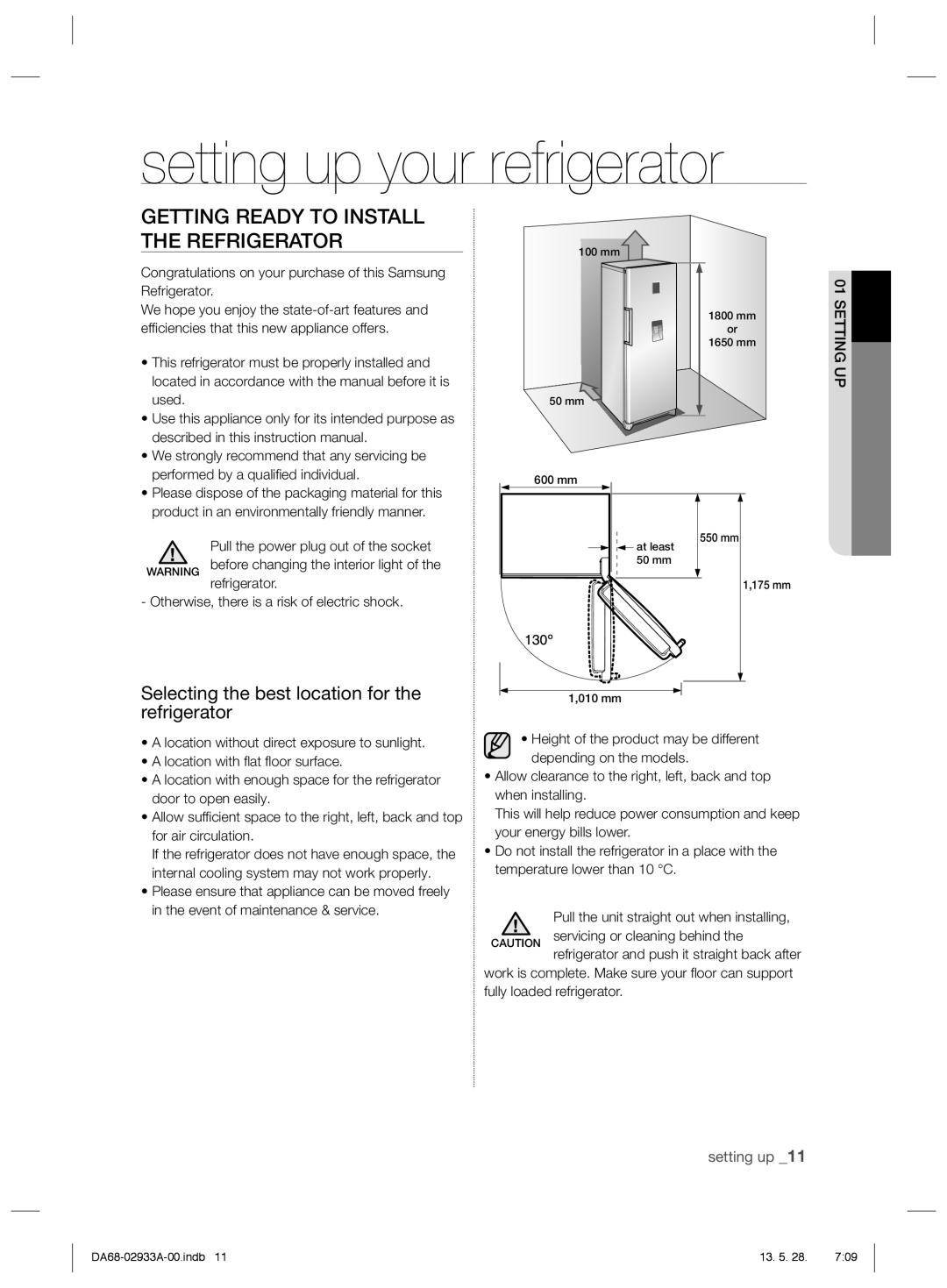 Samsung RR3773ATCSR/ES manual Setting up your refrigerator, Getting Ready to Install the Refrigerator 