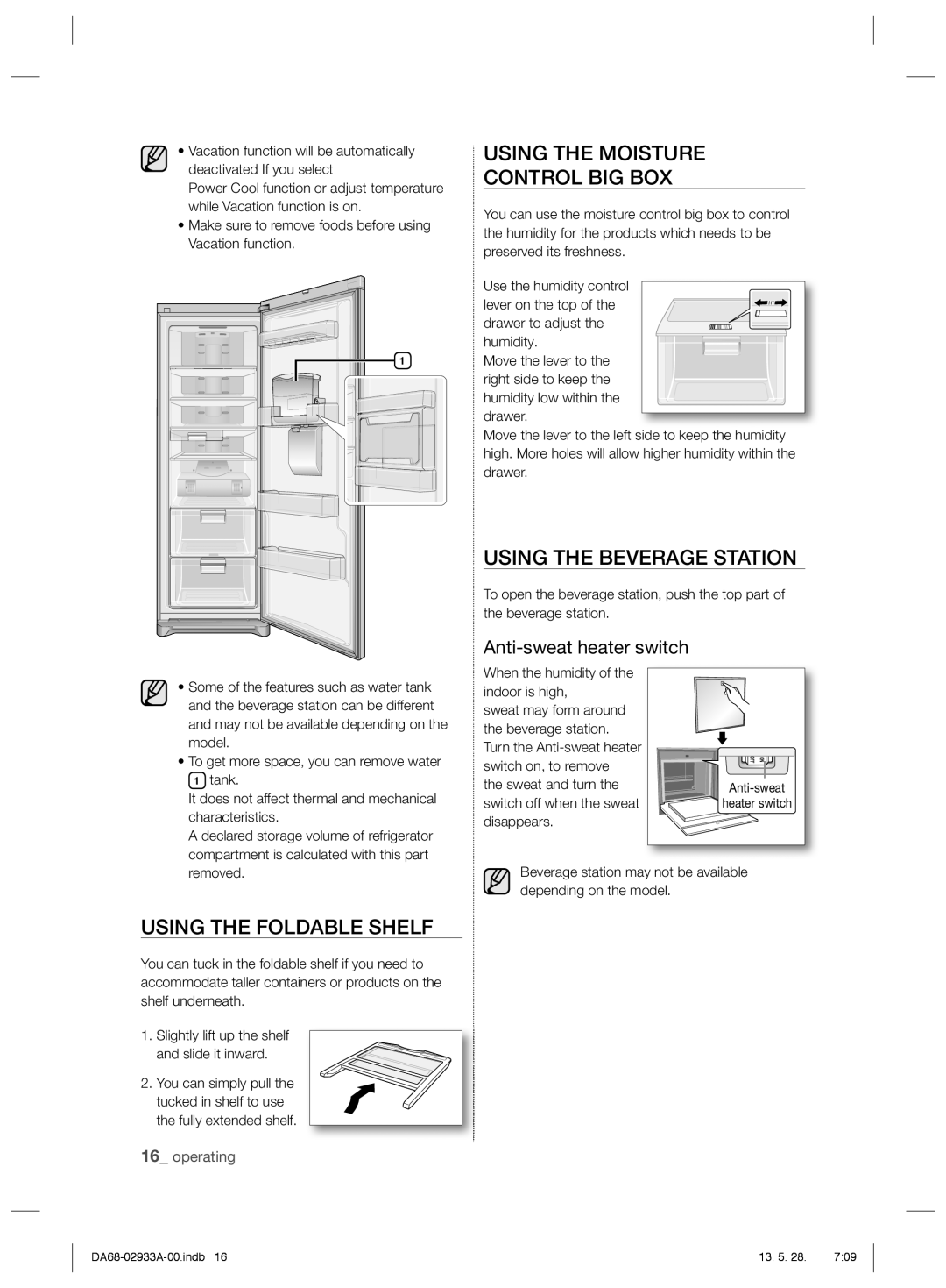 Samsung RR3773ATCSR/ES manual Using the Moisture Control BIG BOX, Using the Beverage Station, Using the Foldable Shelf 